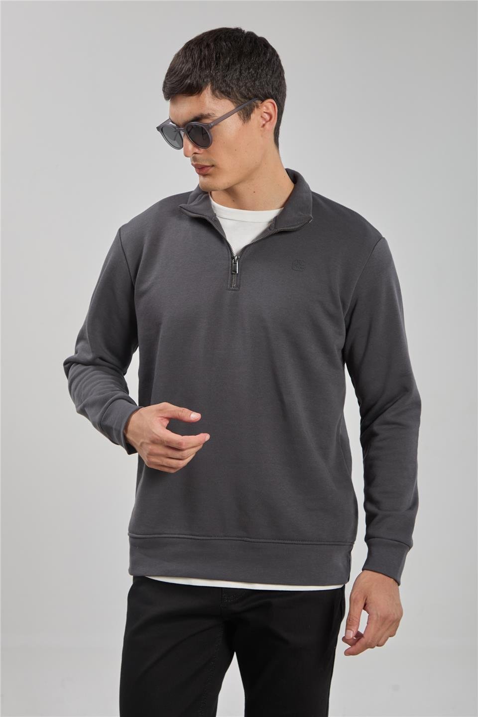 Dik yaka logolu sweatshirt-1219 Antrasit