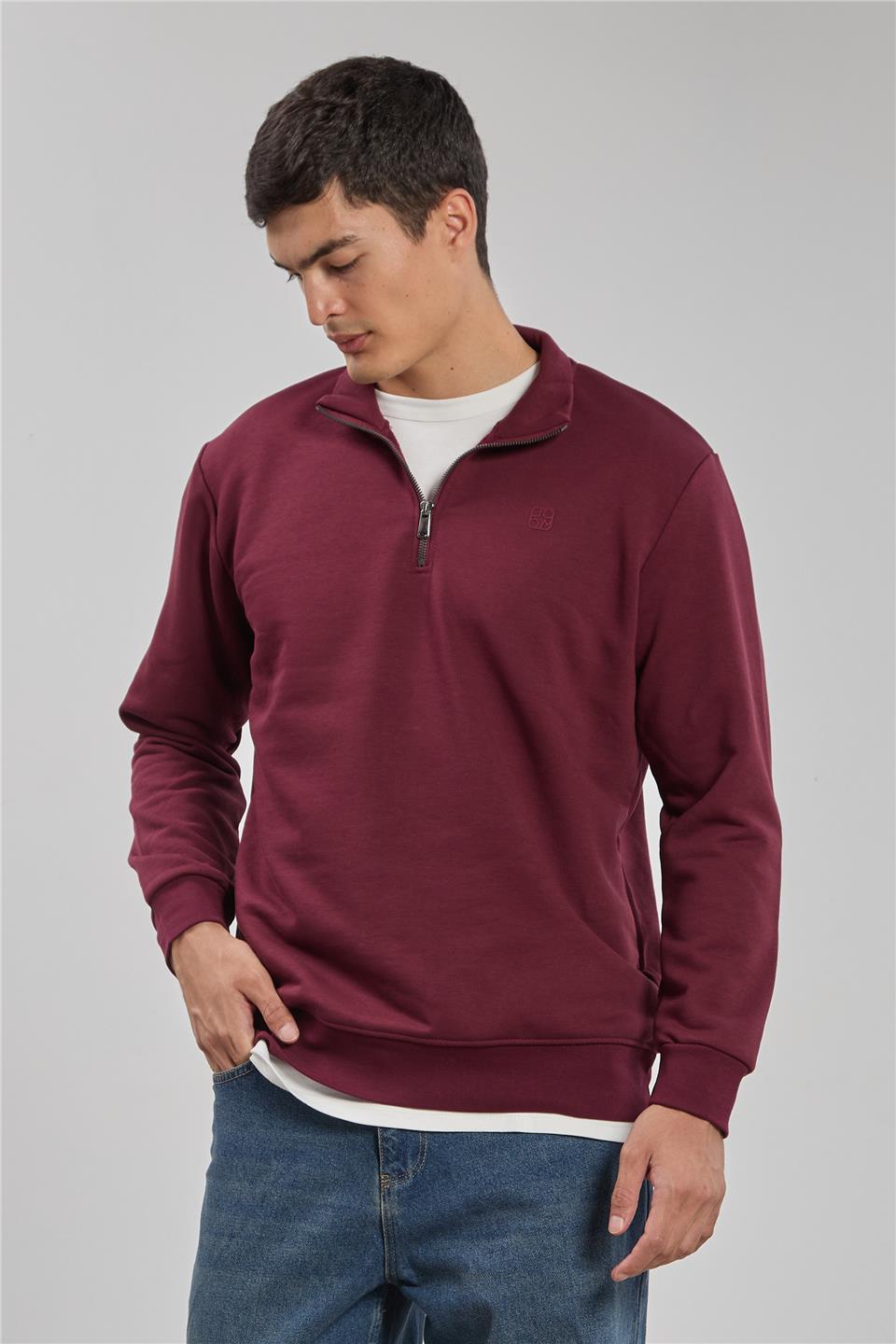Dik yaka logolu sweatshirt-1219 Bordo