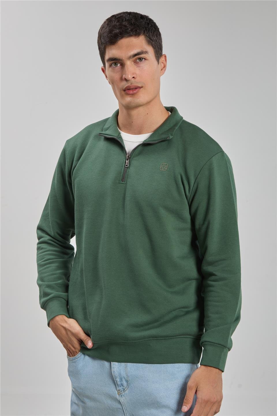 Dik yaka logolu sweatshirt-1219 Haki