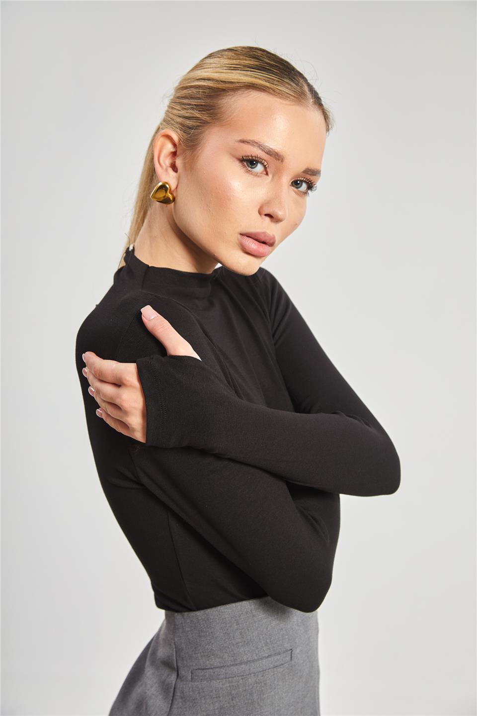 Dik yaka uzun kol body-6493 Siyah