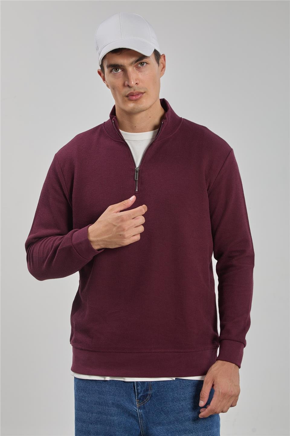 Dik yaka yarım fermuarlı sweat-5716-1 Vişne