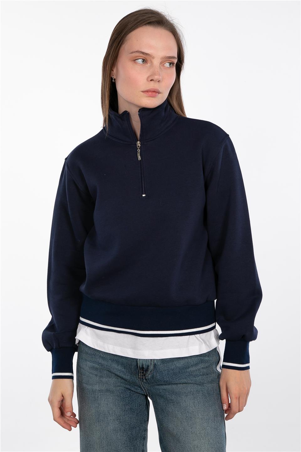 Dik yaka yarım fermuarlı sweatshirt-83-247 Lacivert