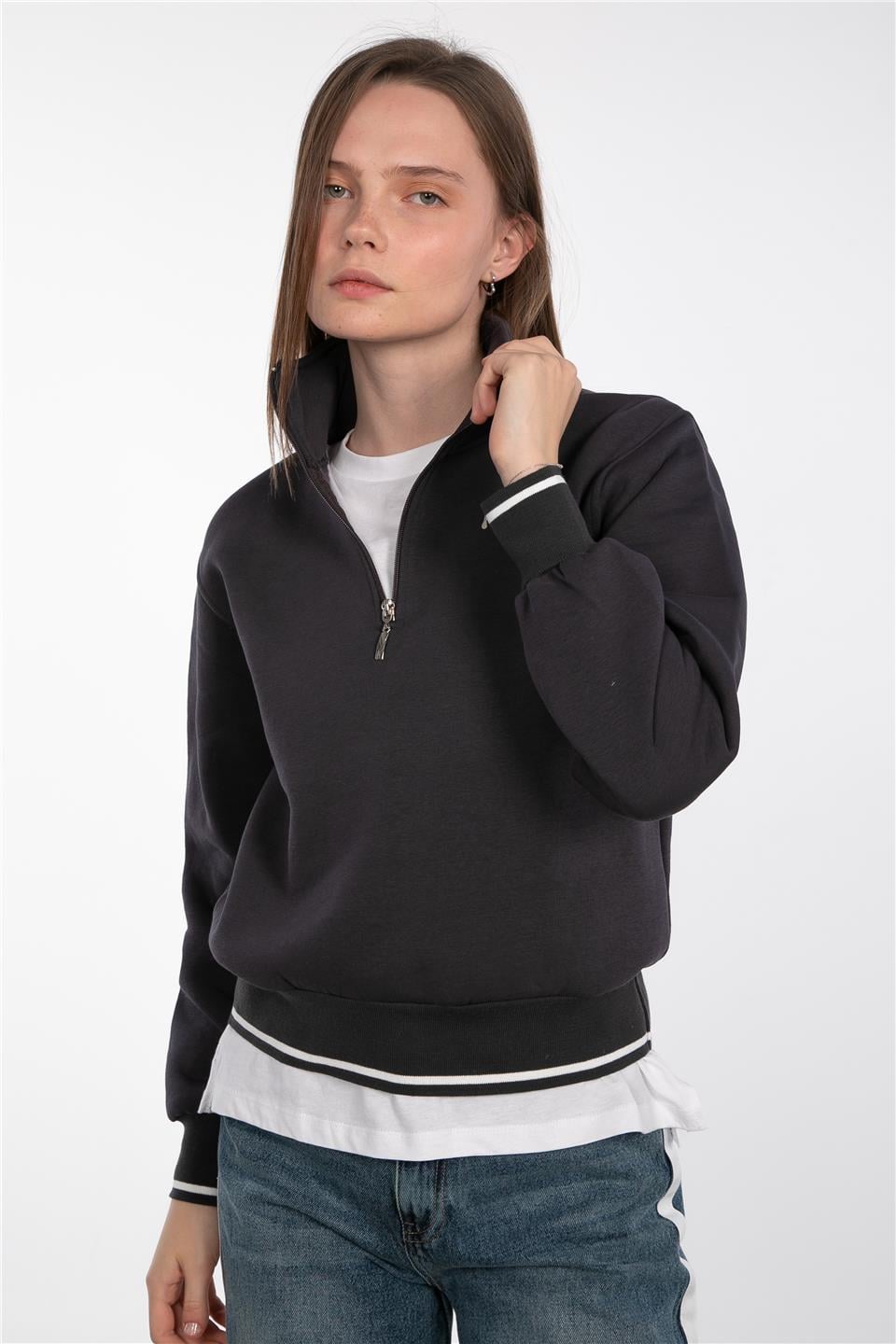 Dik yaka yarım fermuarlı sweatshirt-83-247 Antrasit