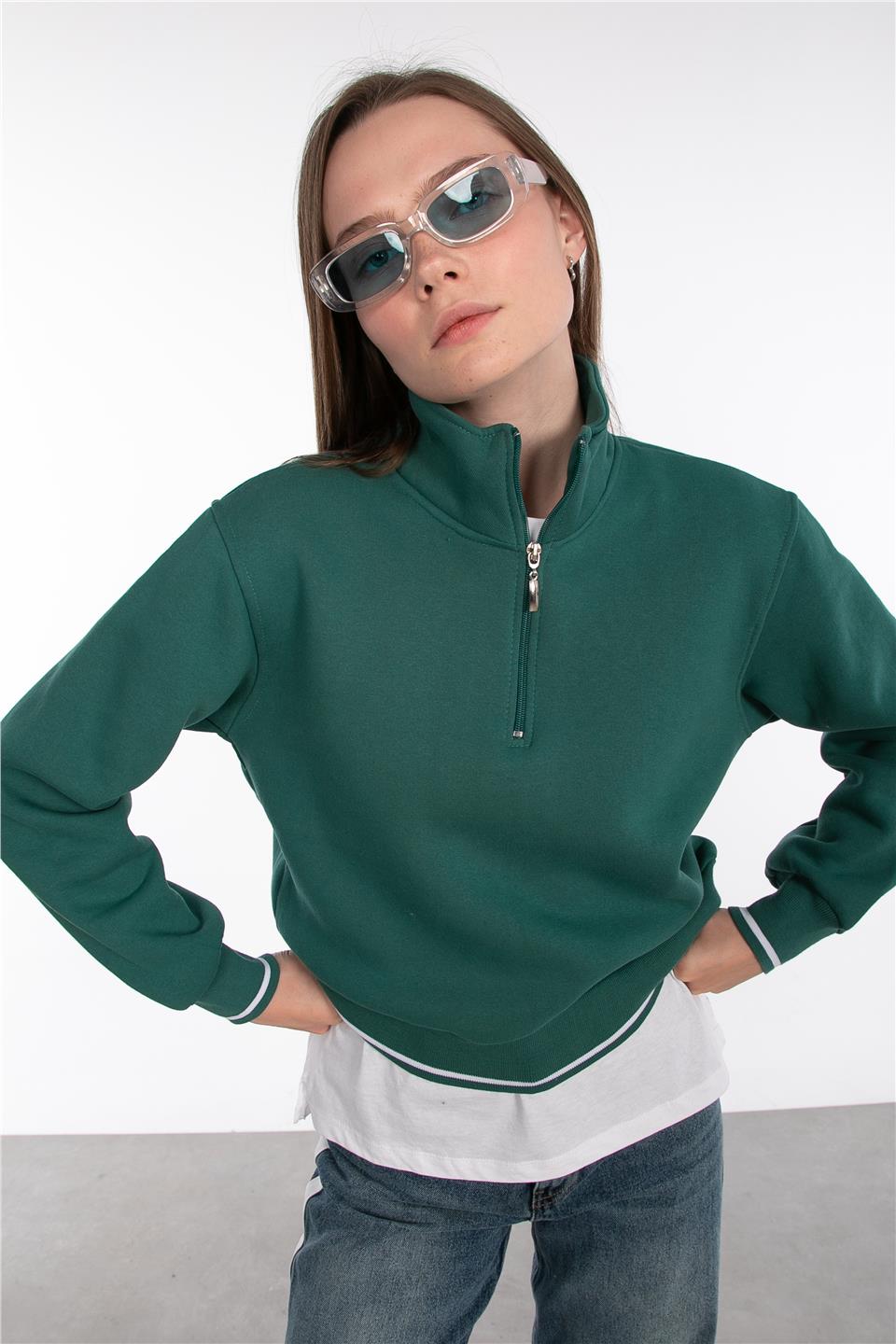 Dik yaka yarım fermuarlı sweatshirt-83-247 Koyu Yeşil
