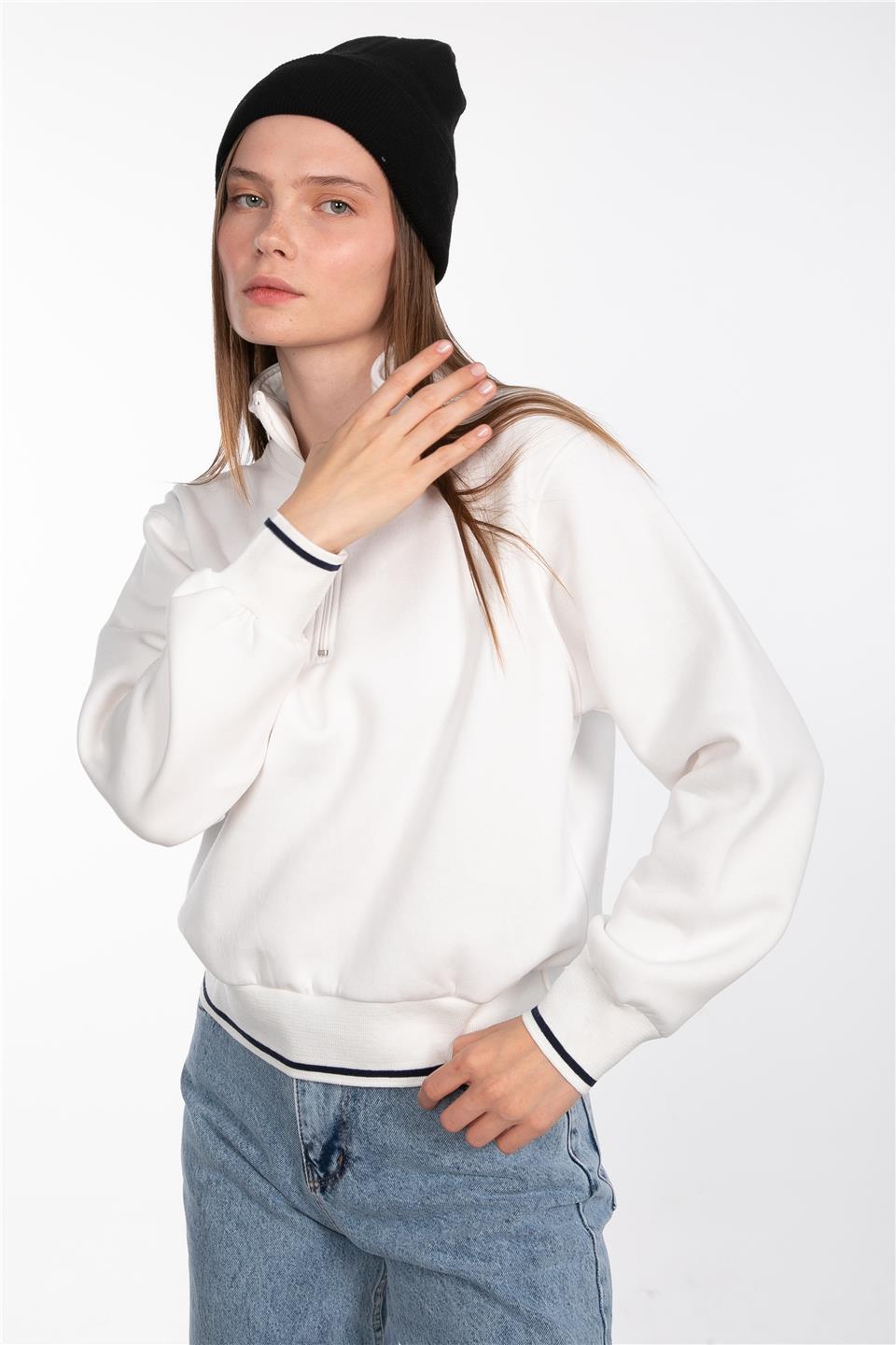 Dik yaka yarım fermuarlı sweatshirt-83-247 Ekru