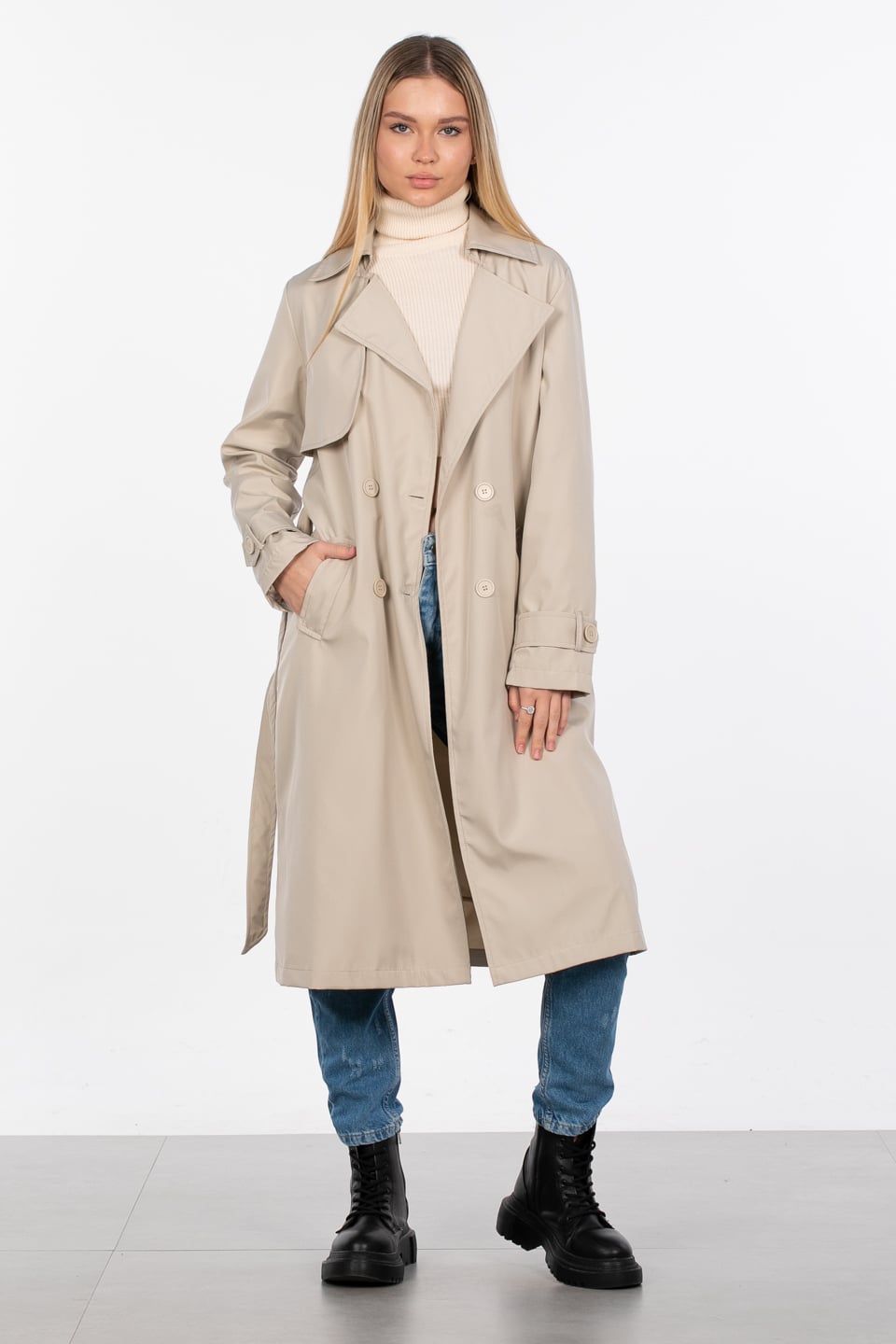 Dört düğmeli kruvaze yaka trench-5918 Taş