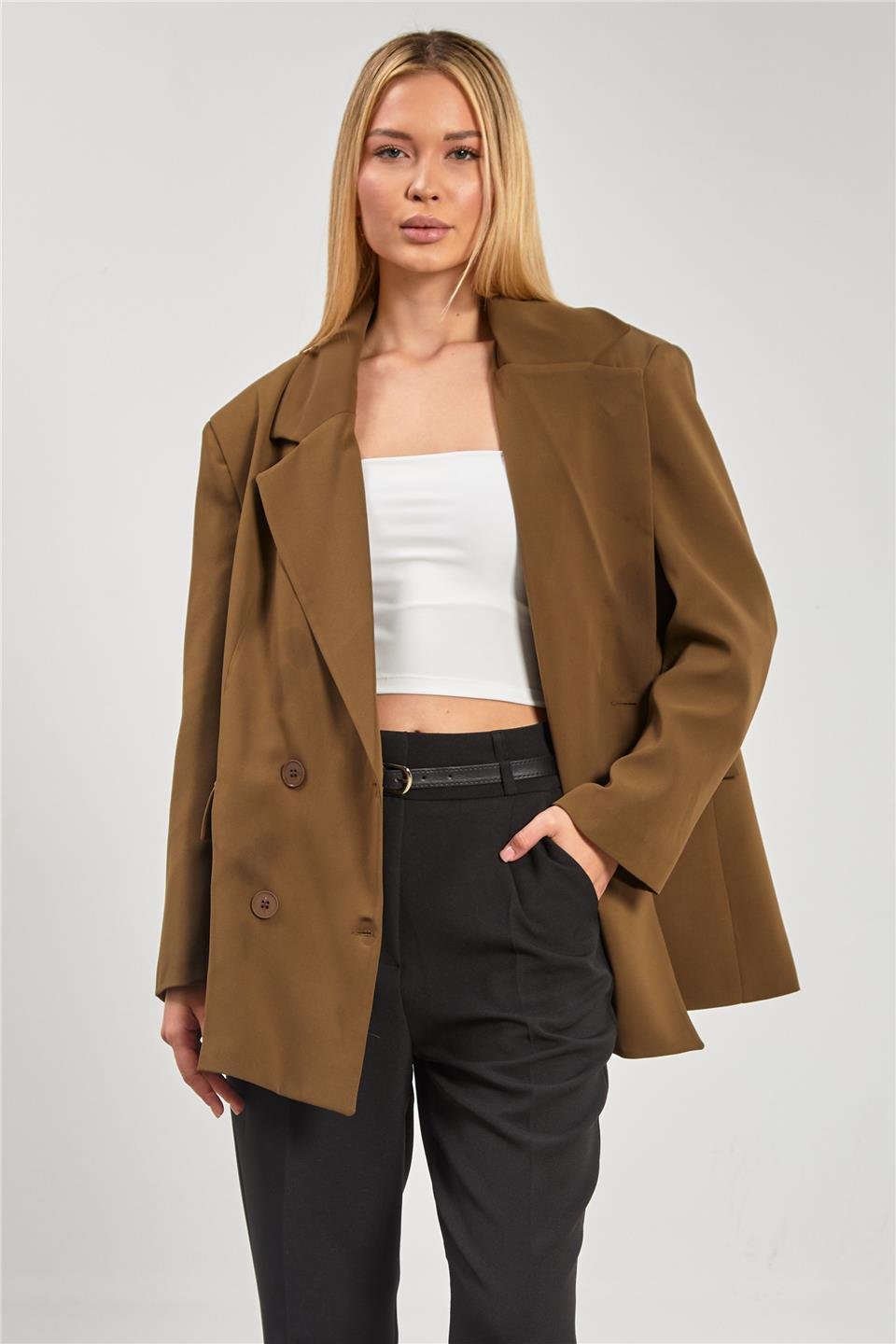Dört düğmeli oversize blazer ceket-7436 Haki