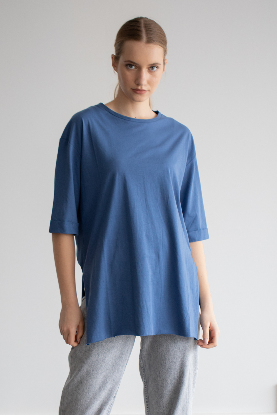 Double kol yandan yırtmaçlı bisiklet yaka t-shirt-22F-135 İndigo