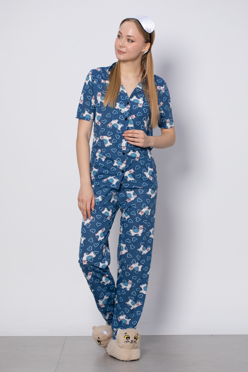 Düğmeli baskılı pijama takım-2027 Lacivert Koyun