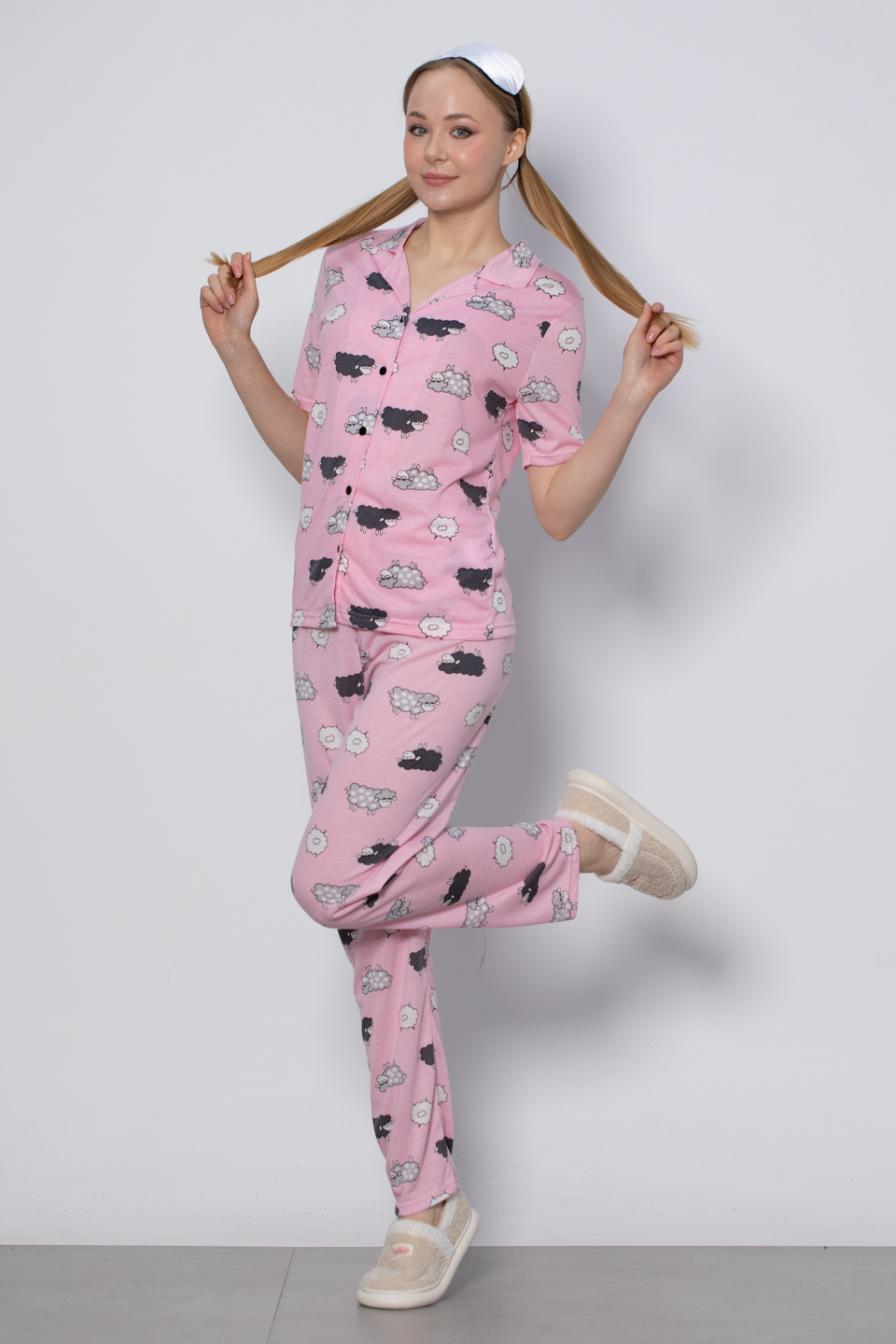 Düğmeli baskılı pijama takım-2027 Pembe Koyun
