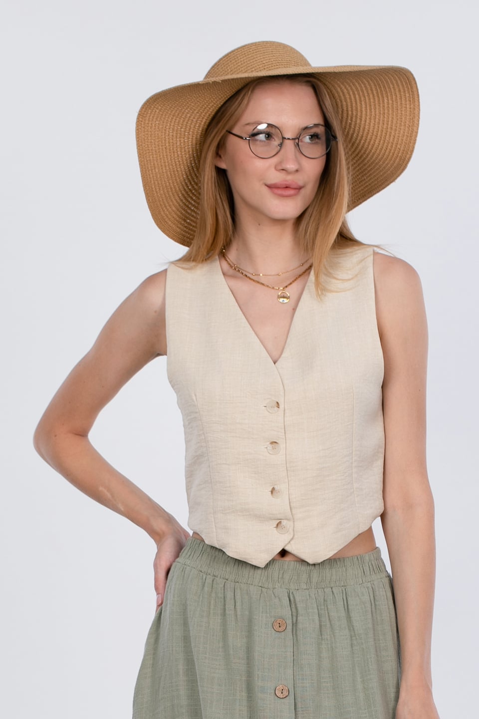 Düğmeli crop yelek-23-260 Taş