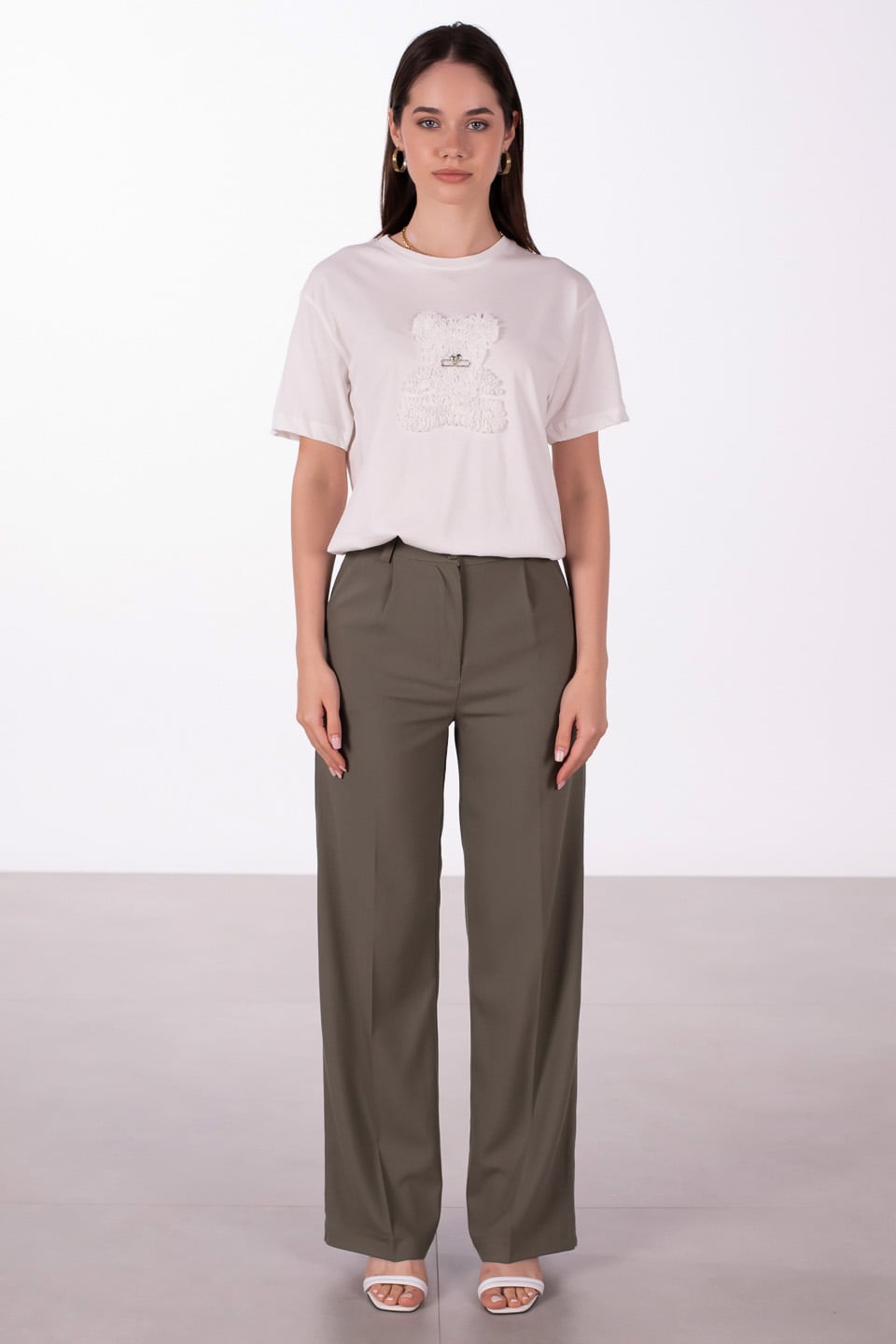 Düğmeli palazzo pantolon-7016 Olive