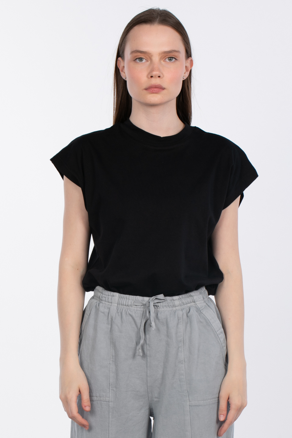Düşük kol basıc t-shirt-4065 Siyah