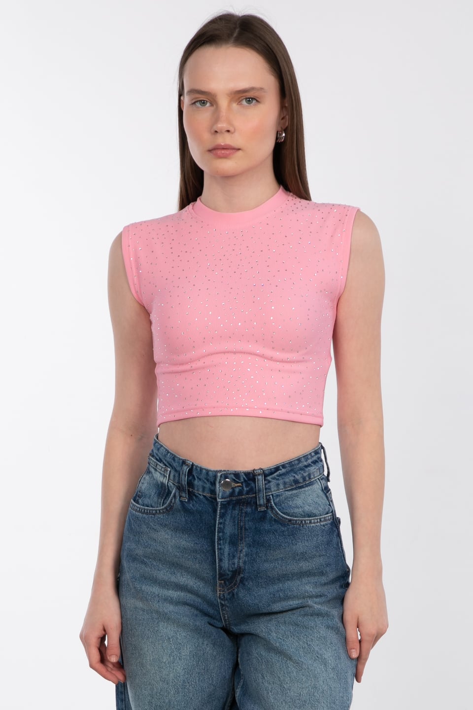 Düşük omuz taşlı crop body-1977 Pembe