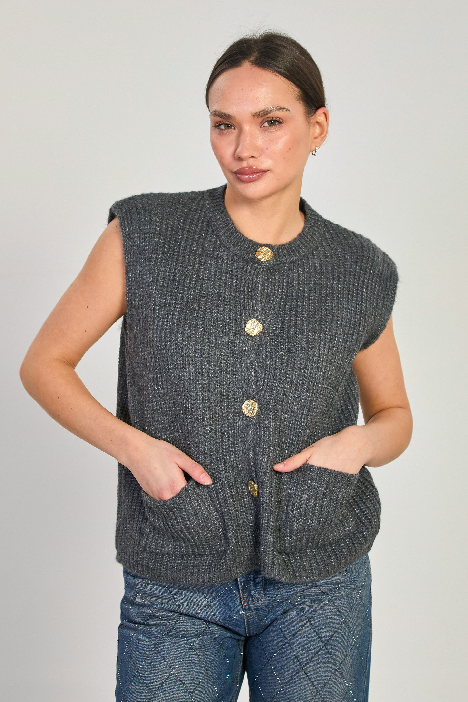 Kadın Gold Düğmeli Çift Cepli Süveter - Antrasit