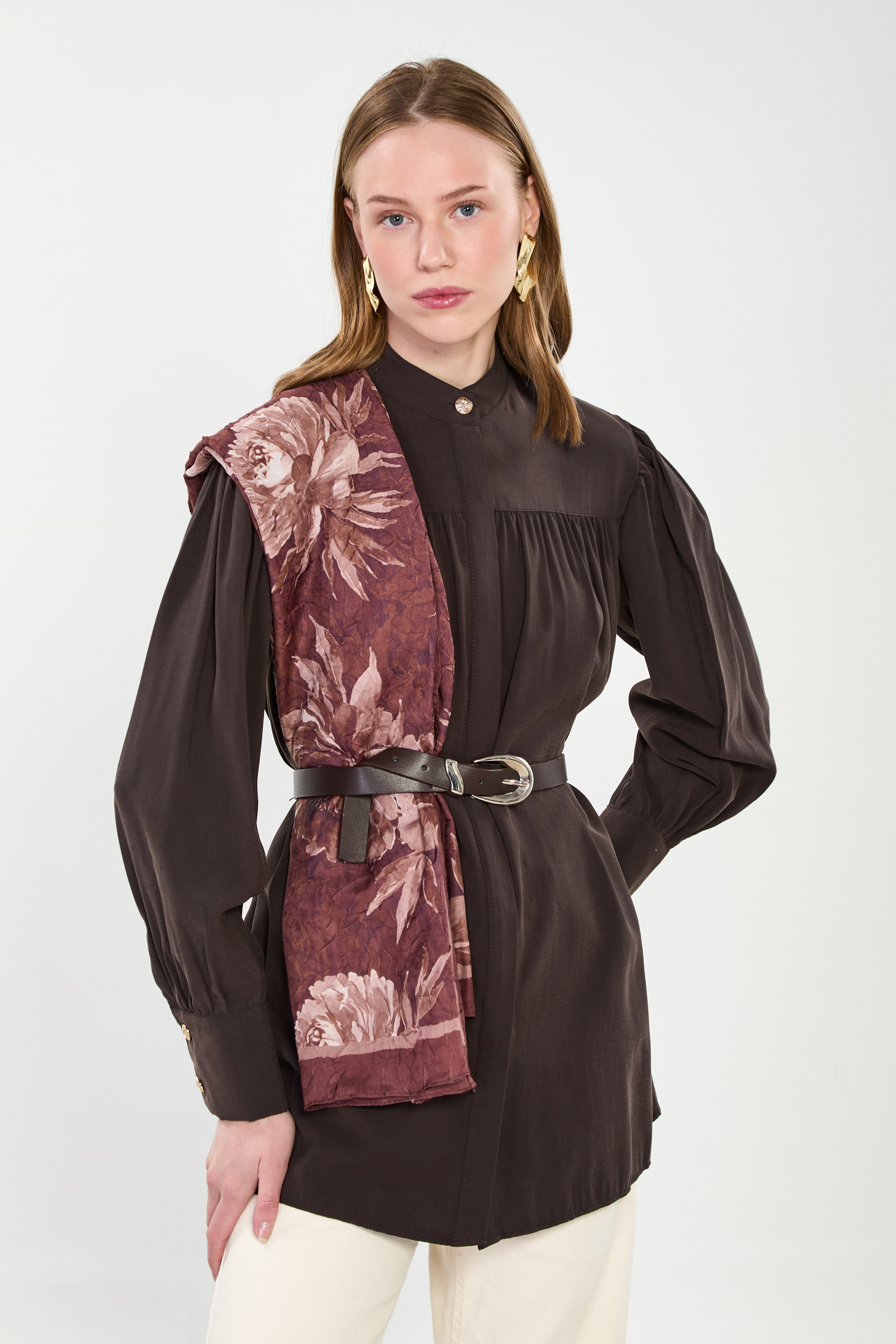 Kadın Hakim Yaka Robalı Tunik Gömlek - Acı Kahve