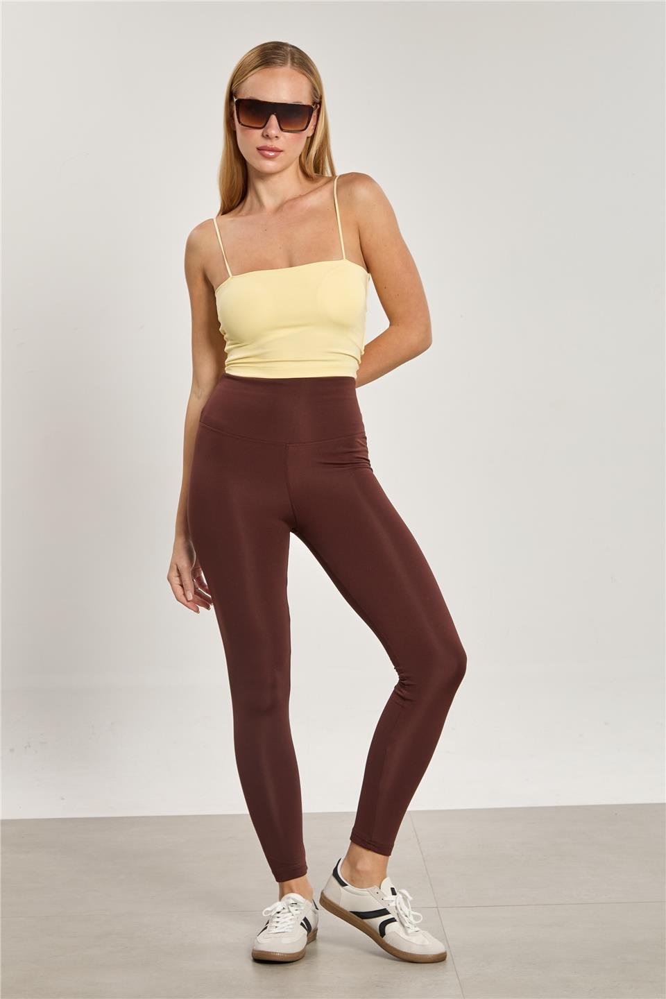 Kadın Yüksek Bel Şardonlu Tayt - Acı Kahve