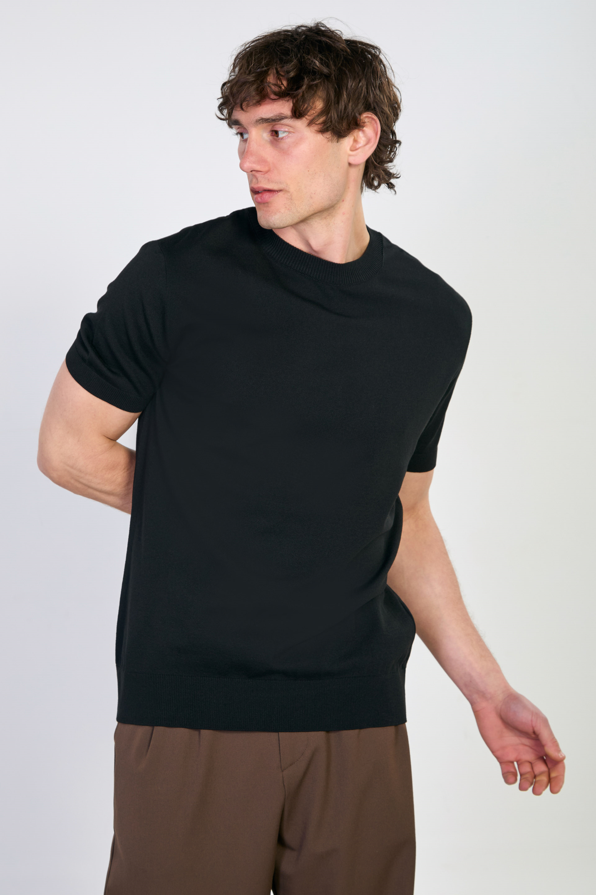 Erkek Dik Yaka Triko T-Shirt - Siyah