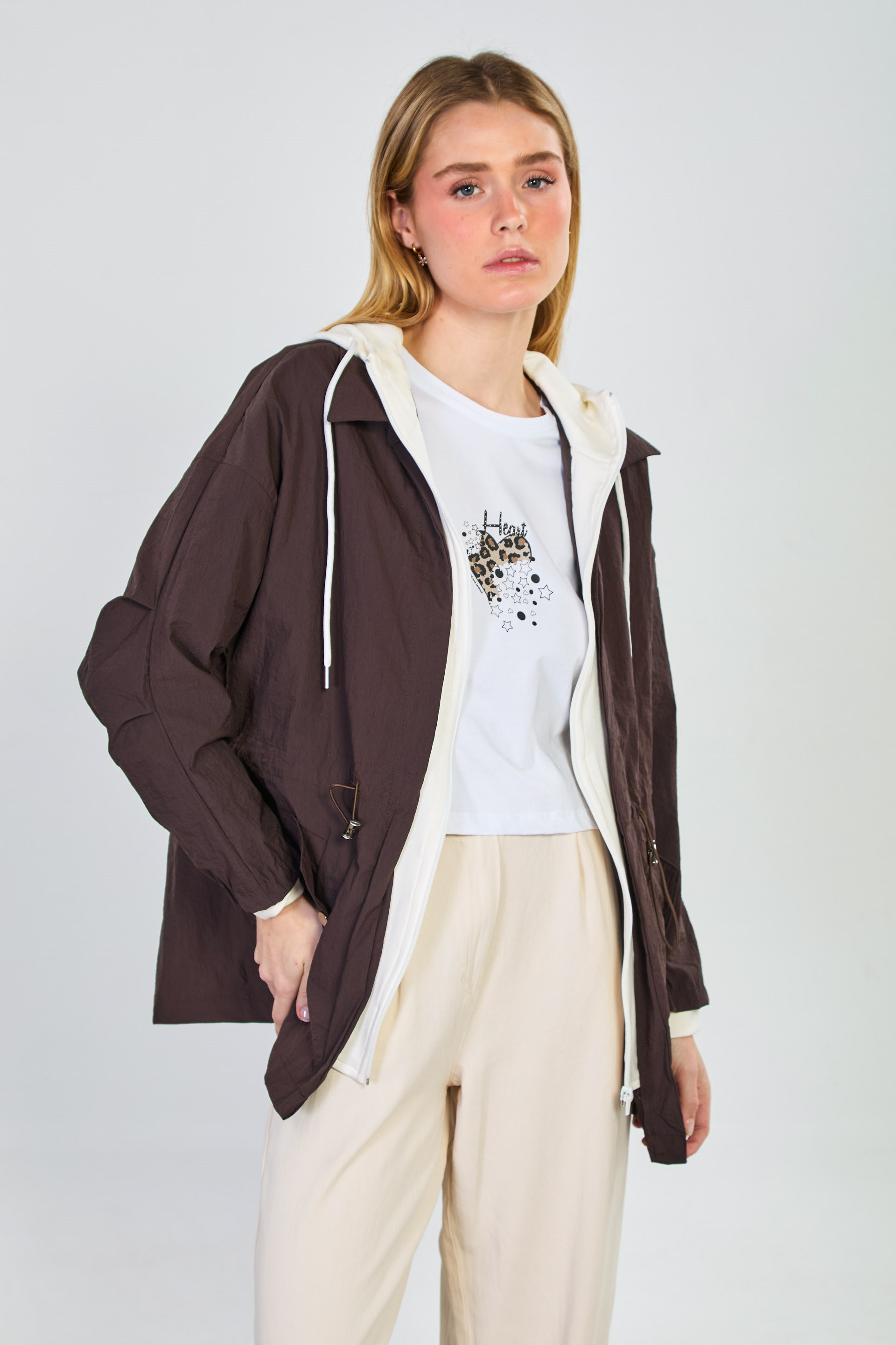 Kadın Kapüşonlu Garnili Fermuarlı Mont - Acı Kahve