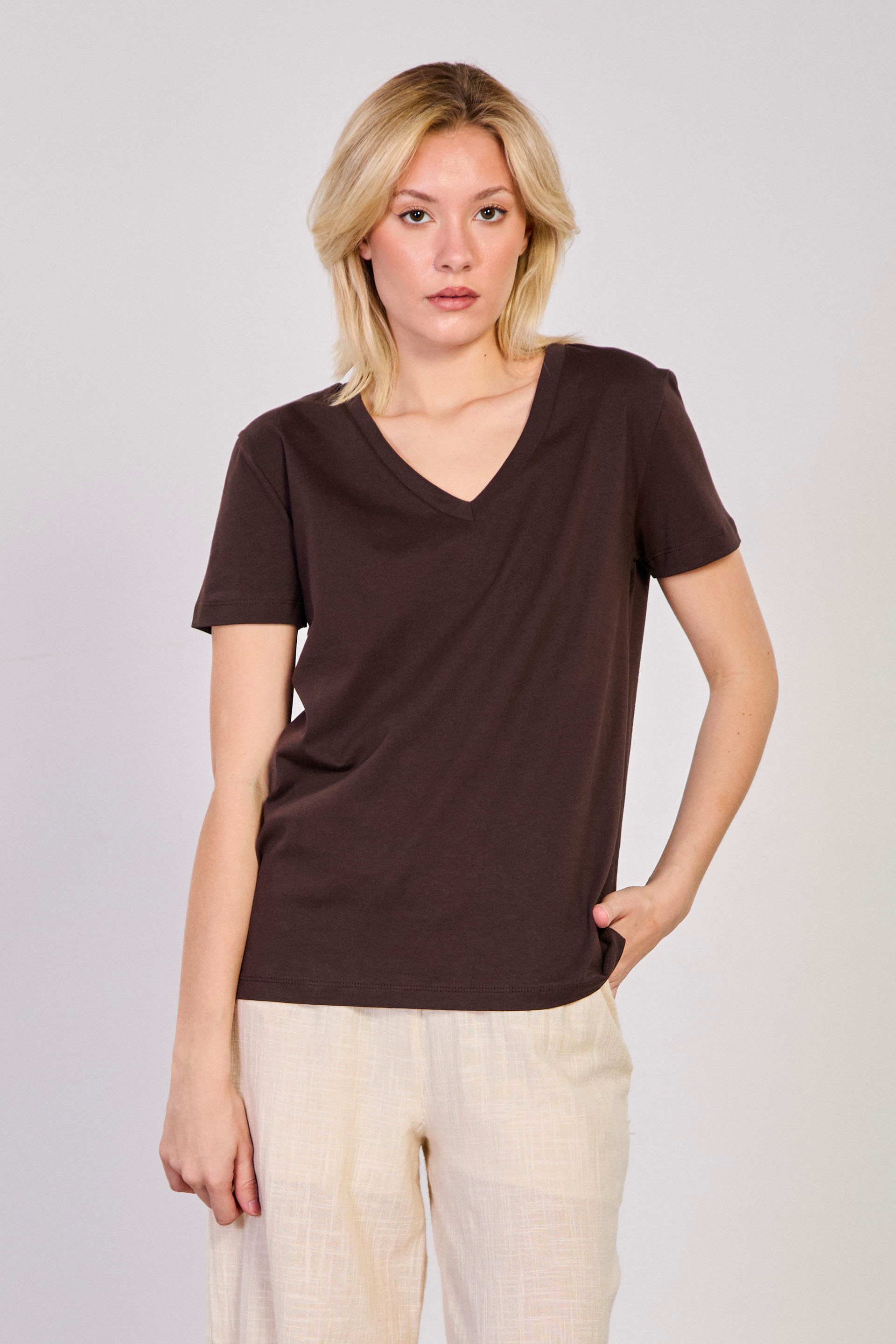 Kadın V Yaka Basic T-Shirt -  Acı Kahve