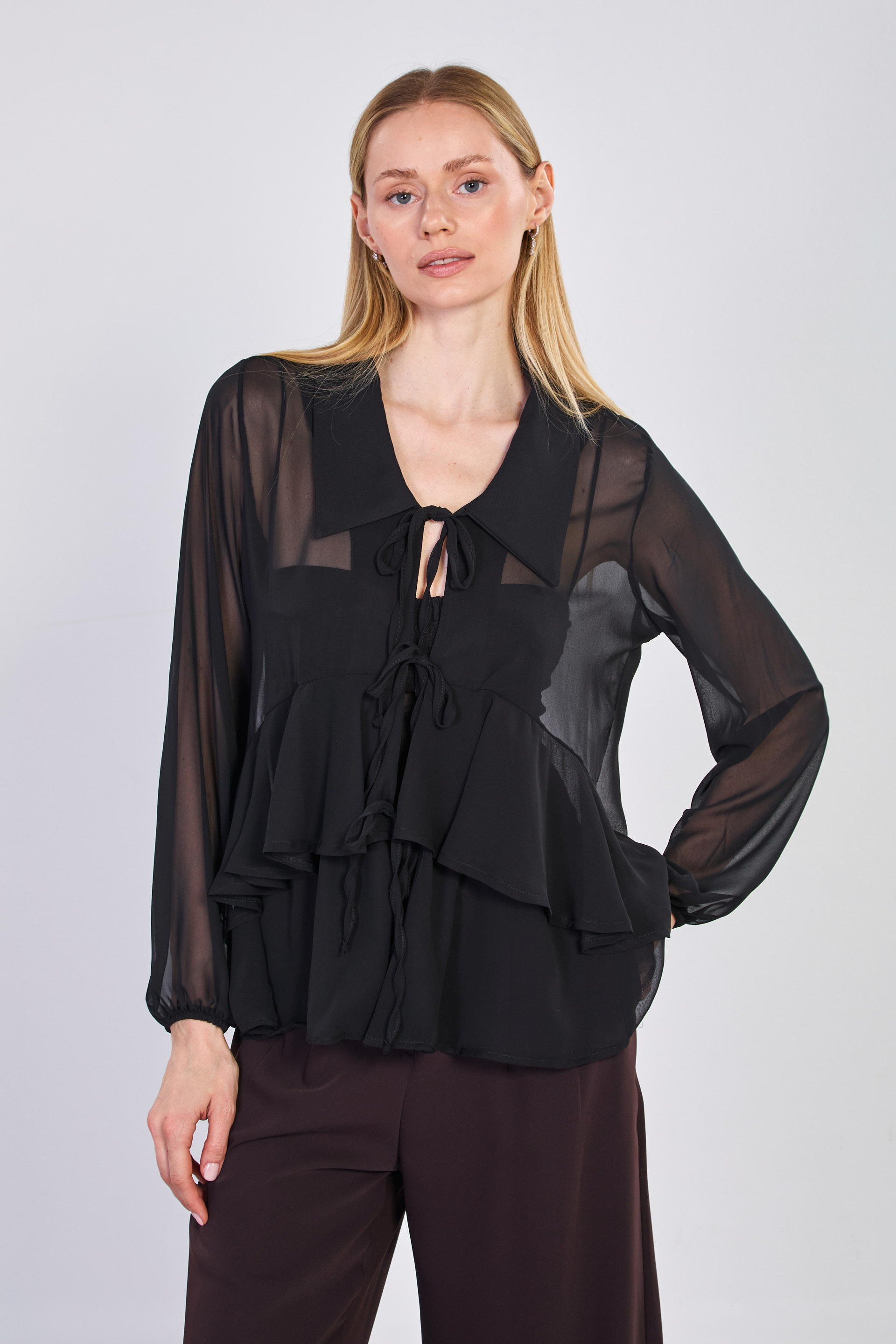 Kadın Önü Bağlamalı Fırfırlı Şifon Bluz - Siyah
