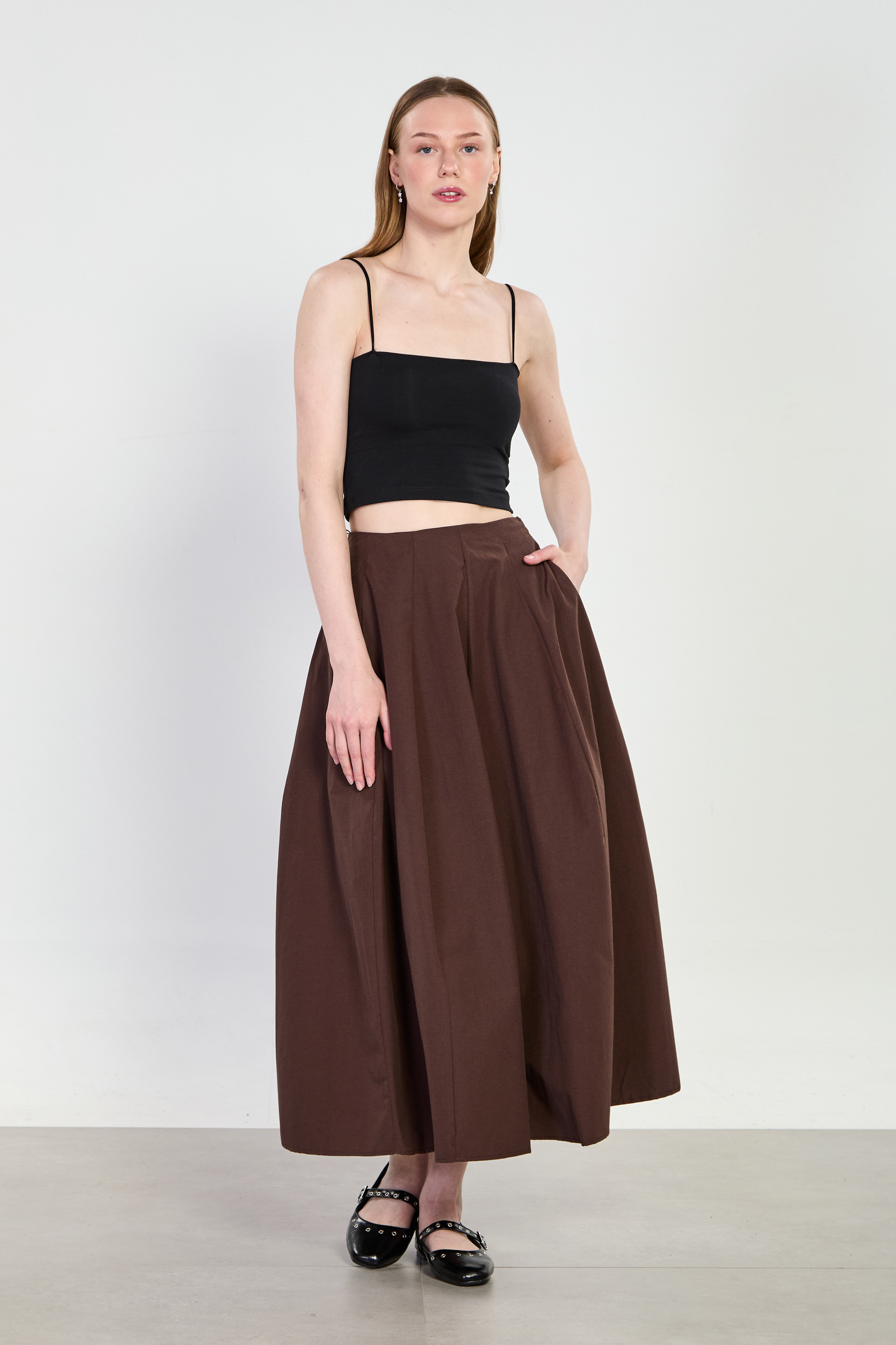 Kadın Yüksek Bel Çan Etek - Acı Kahve