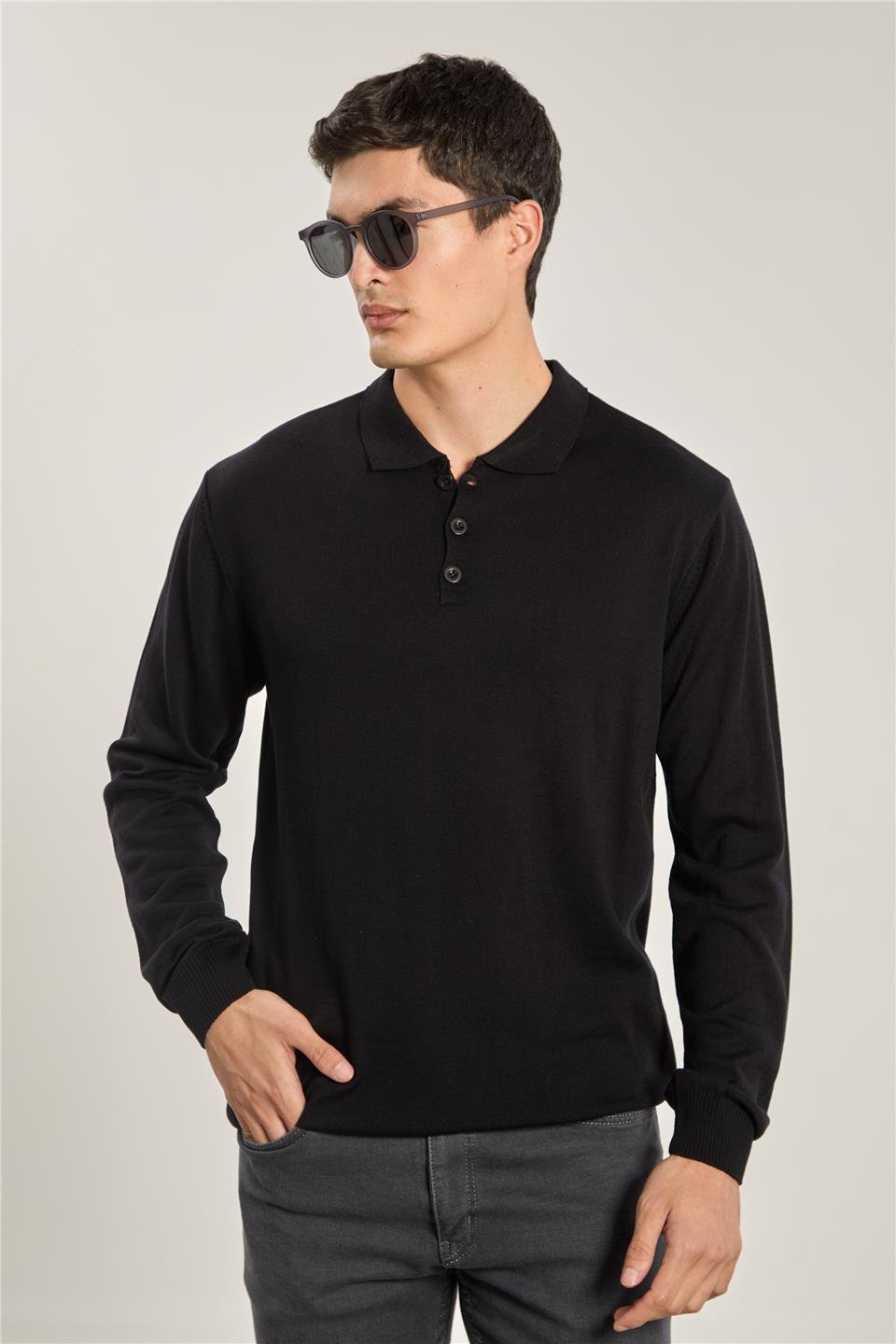 Erkek Polo Yaka Düğmeli Triko Kazak - Siyah