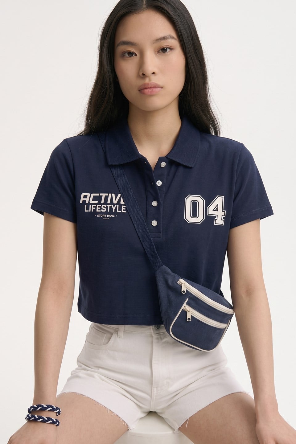 Kadın Polo Yaka Baskılı Crop T-Shirt - Lacivert