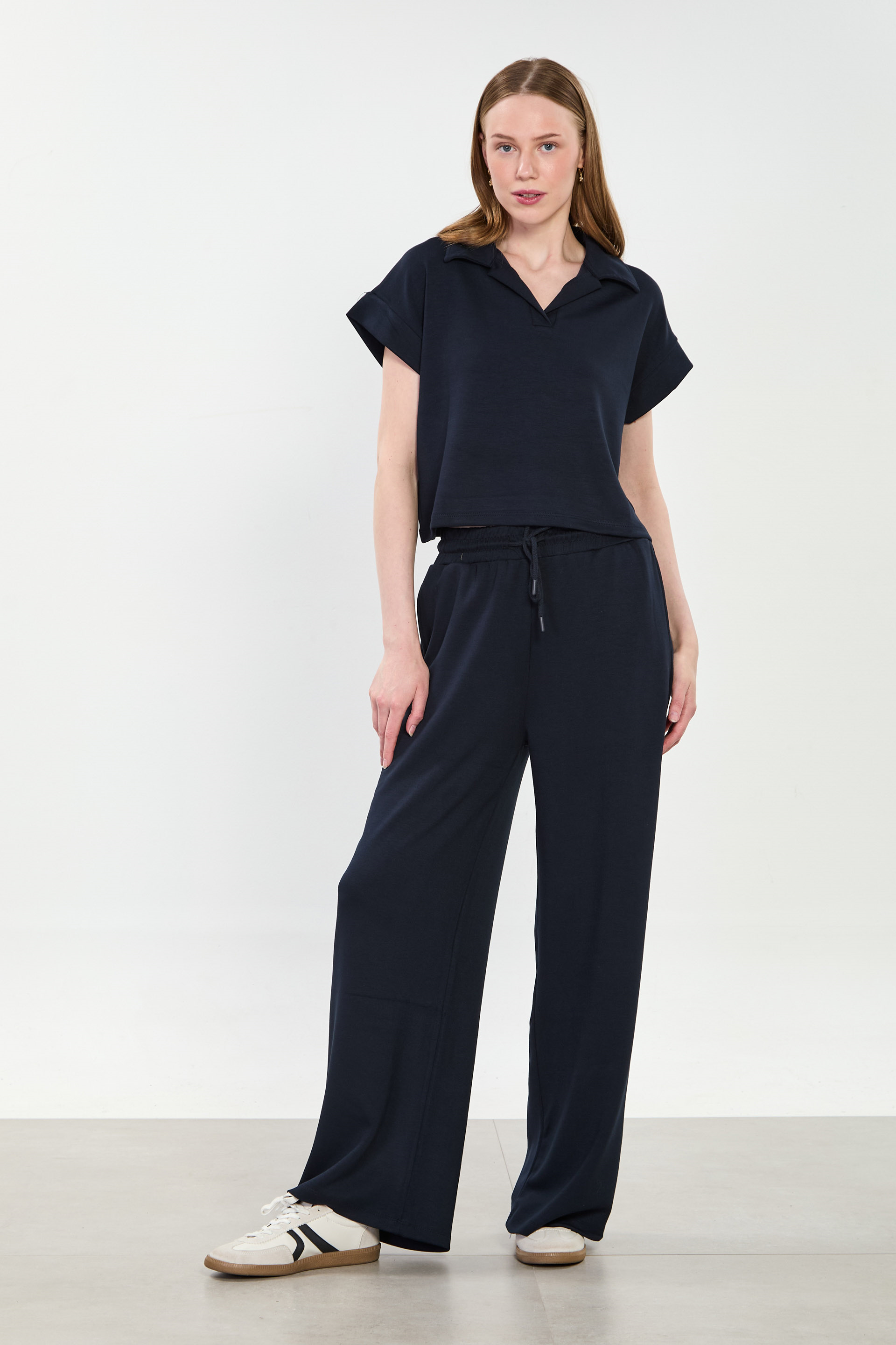 Kadın Polo Yaka Kısa Kollu İkili Takım - Koyu Lacivert