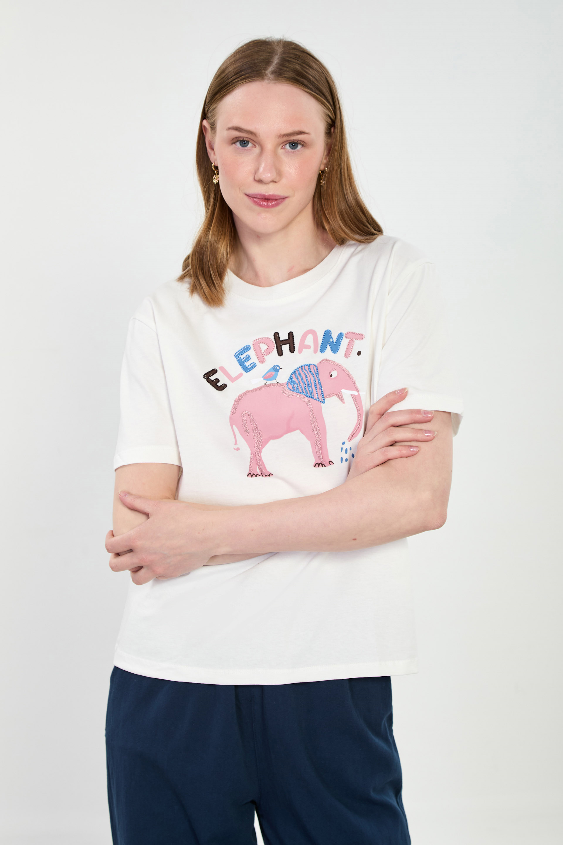 Kadın Fil Baskılı T-Shirt - Ekru