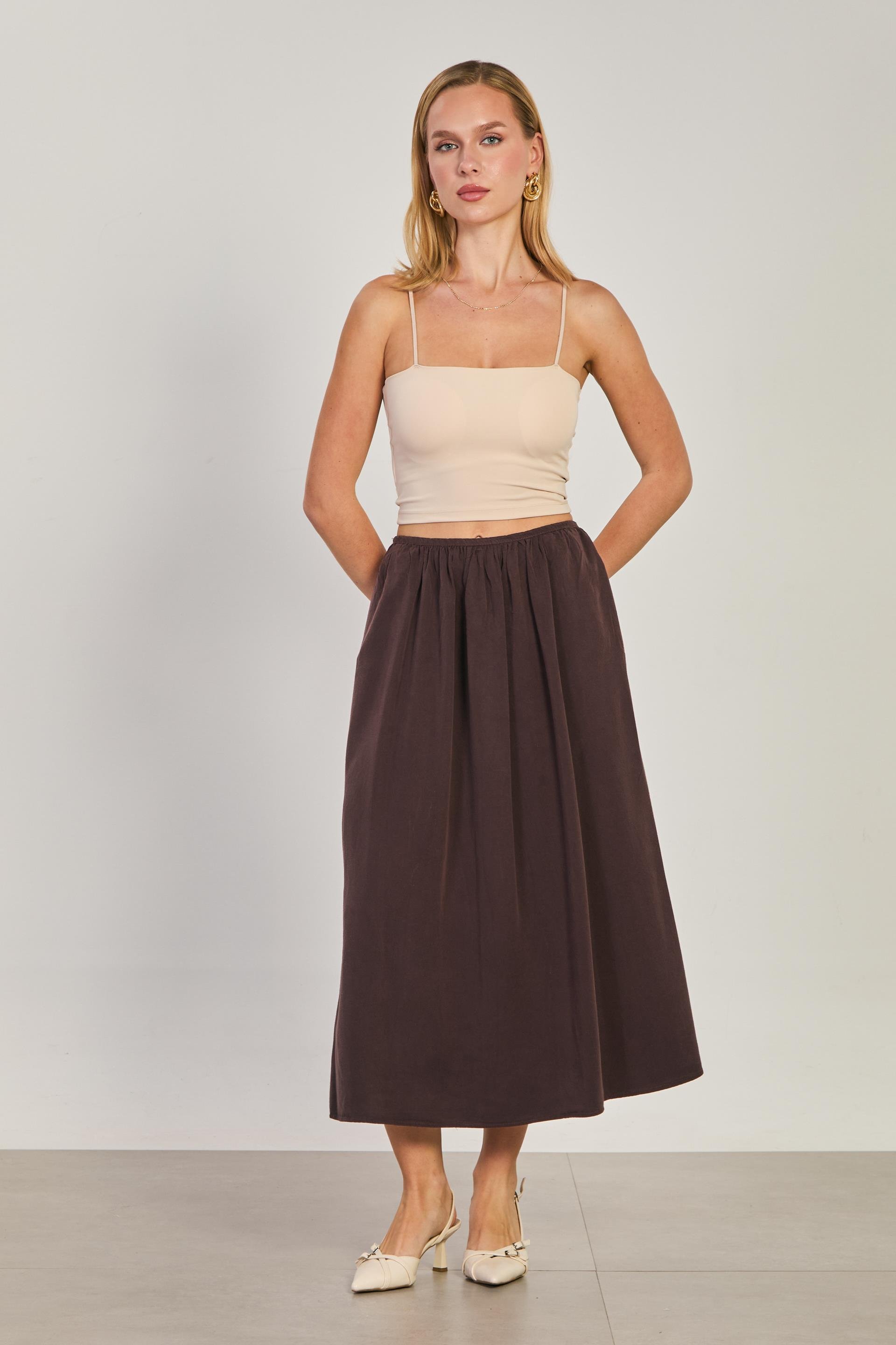 Kadın Pileli Midi Etek - Kahve