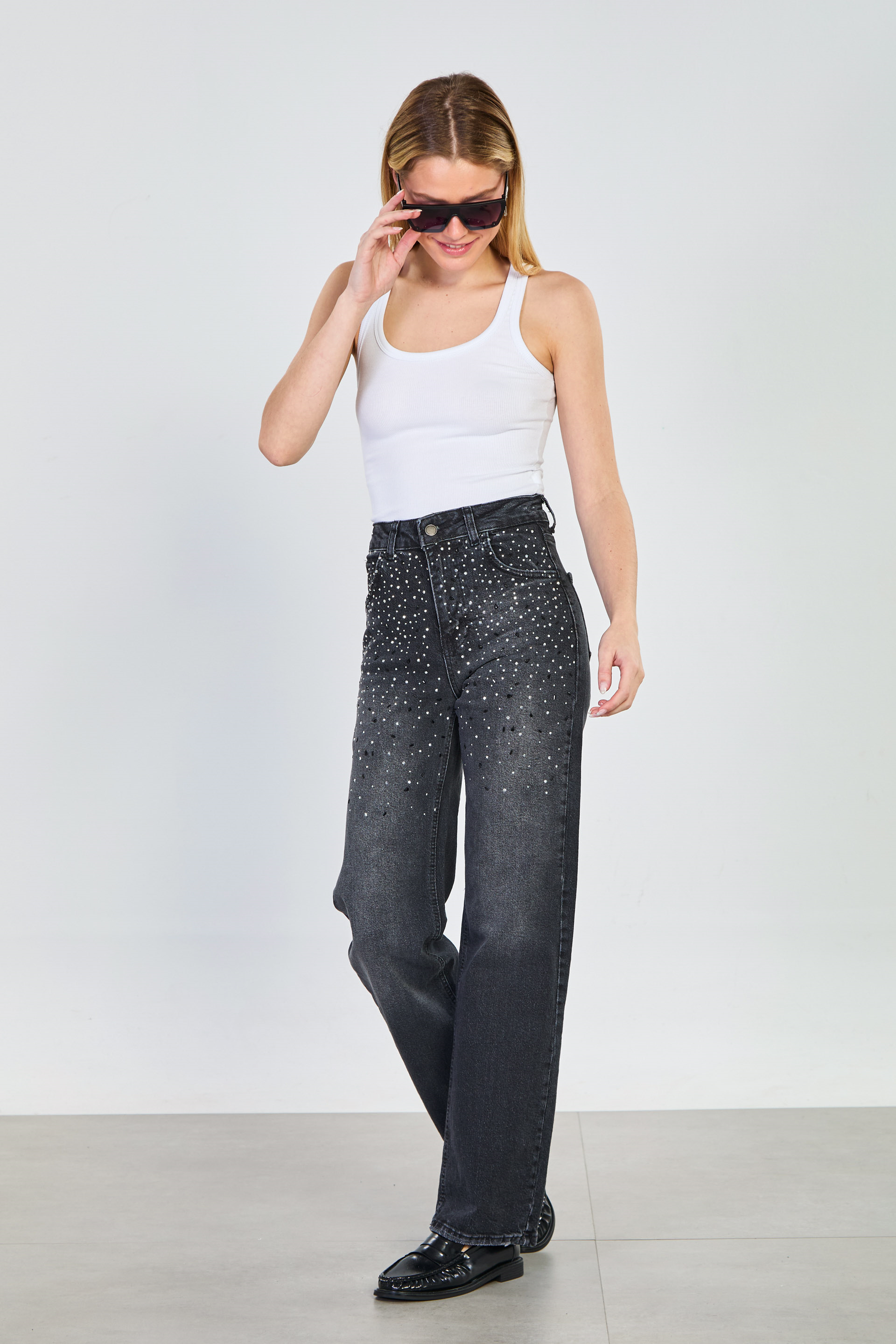 Kadın J93 Önü Taşlı Wide Leg Jean Pantolon - Antrasit