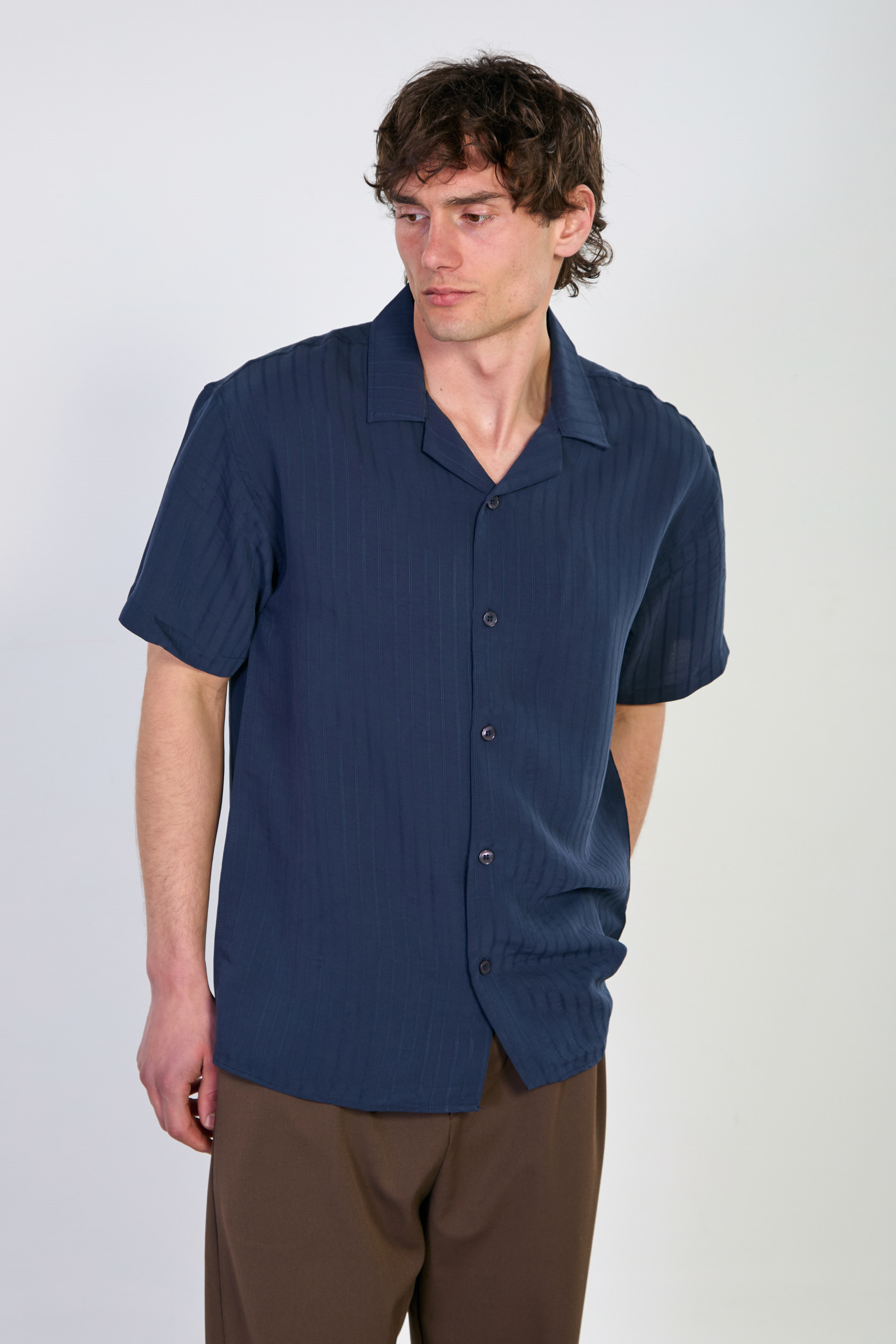 Erkek Çizgili Bol Kalıp Kısa Kollu Gömlek - Lacivert