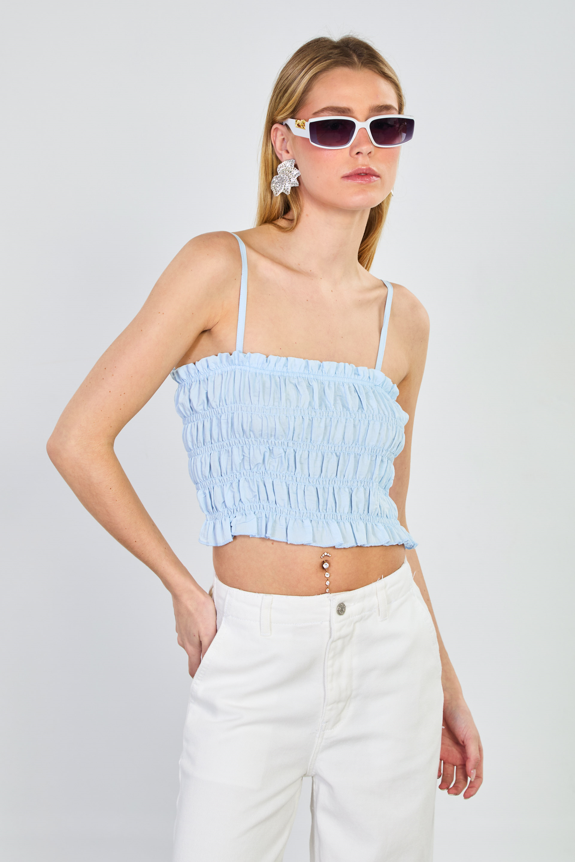 Kadın Gipeli Askılı Crop Bluz - Bebe Mavi