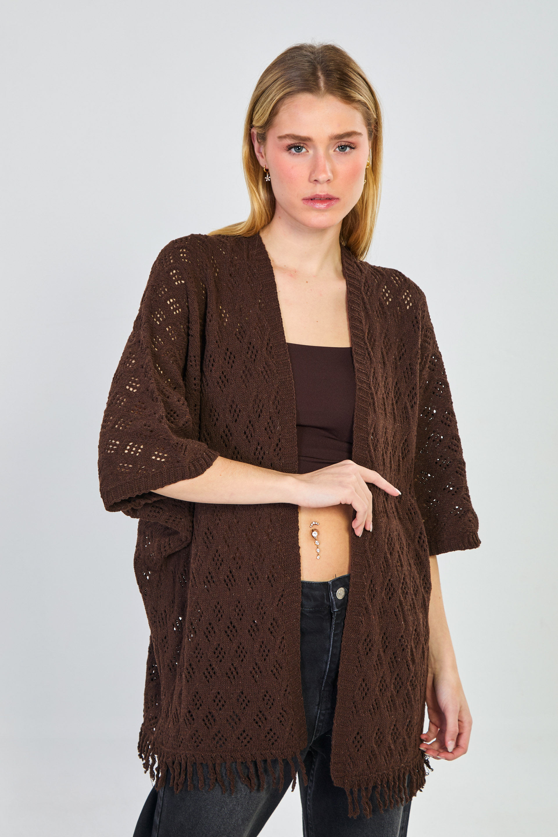 Kadın Saçaklı Yarasa Kol Ajurlu Hırka - Acı Kahve