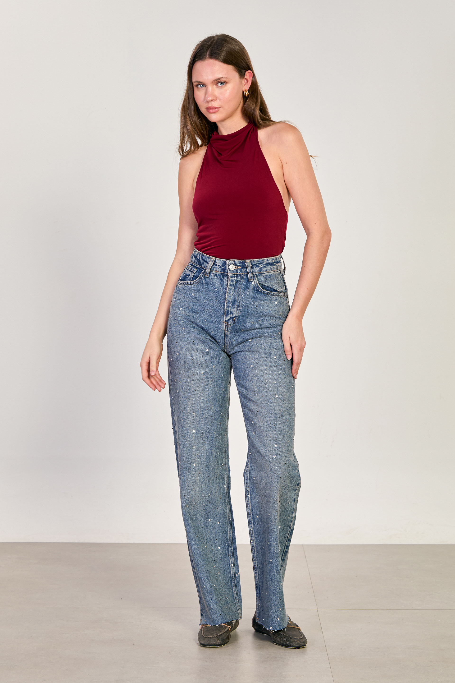 Kadın Ön Arka Taş Baskılı Straight Jean Pantolon - Mavi