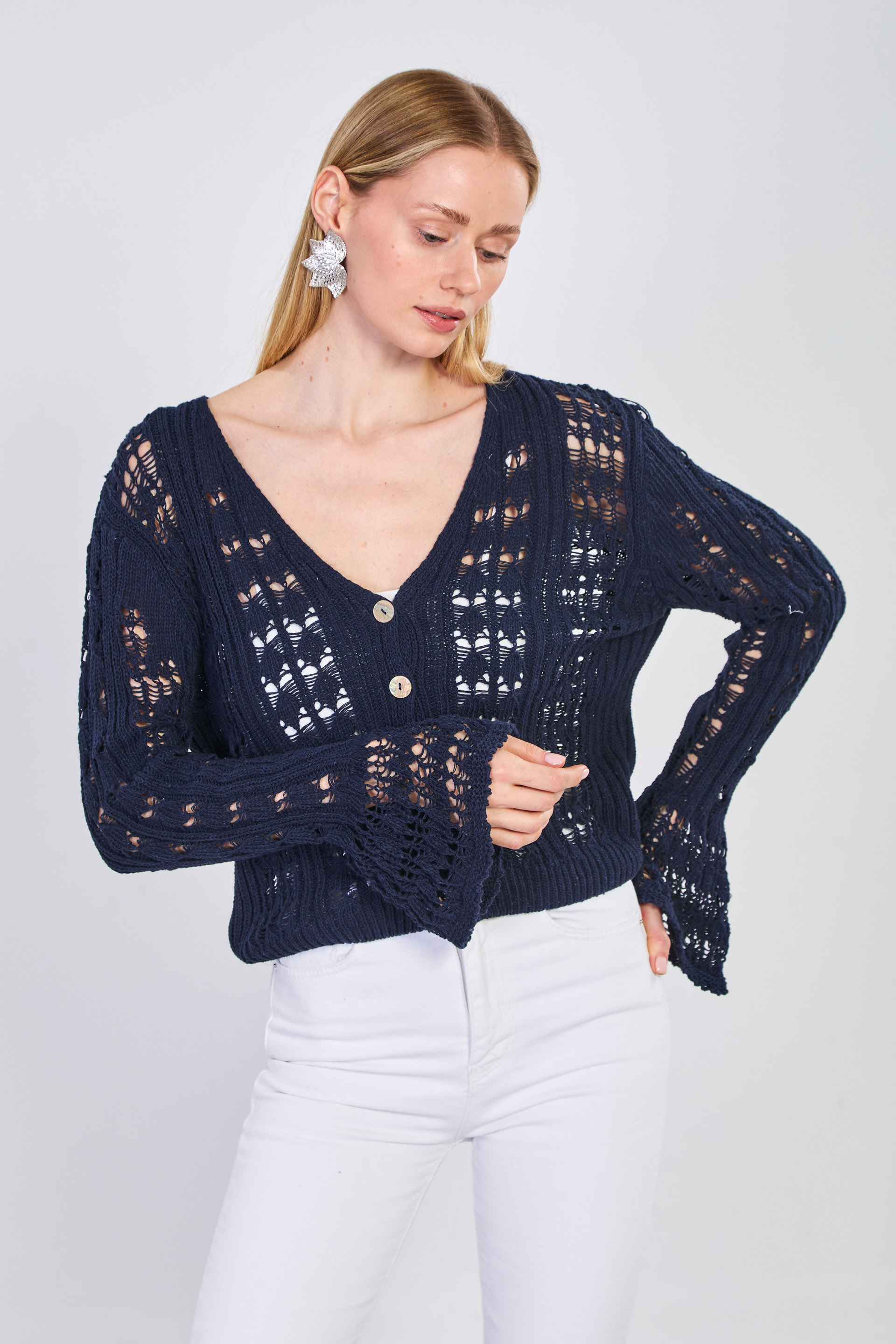 Kadın İspanyol Kol Ajurlu Hırka - Koyu Lacivert