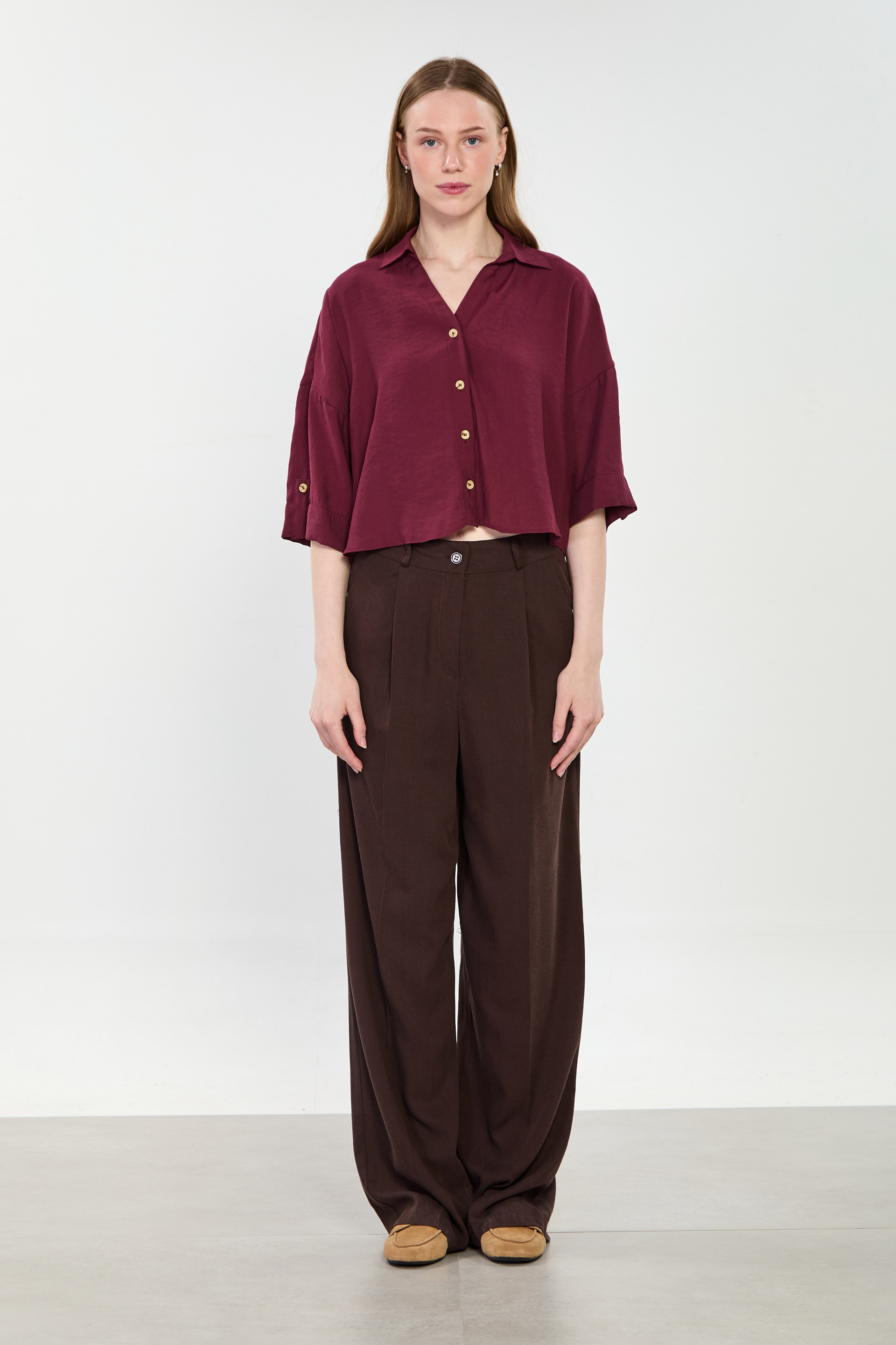 Kadın Önü Pileli Palazzo Pantolon - Acı Kahve