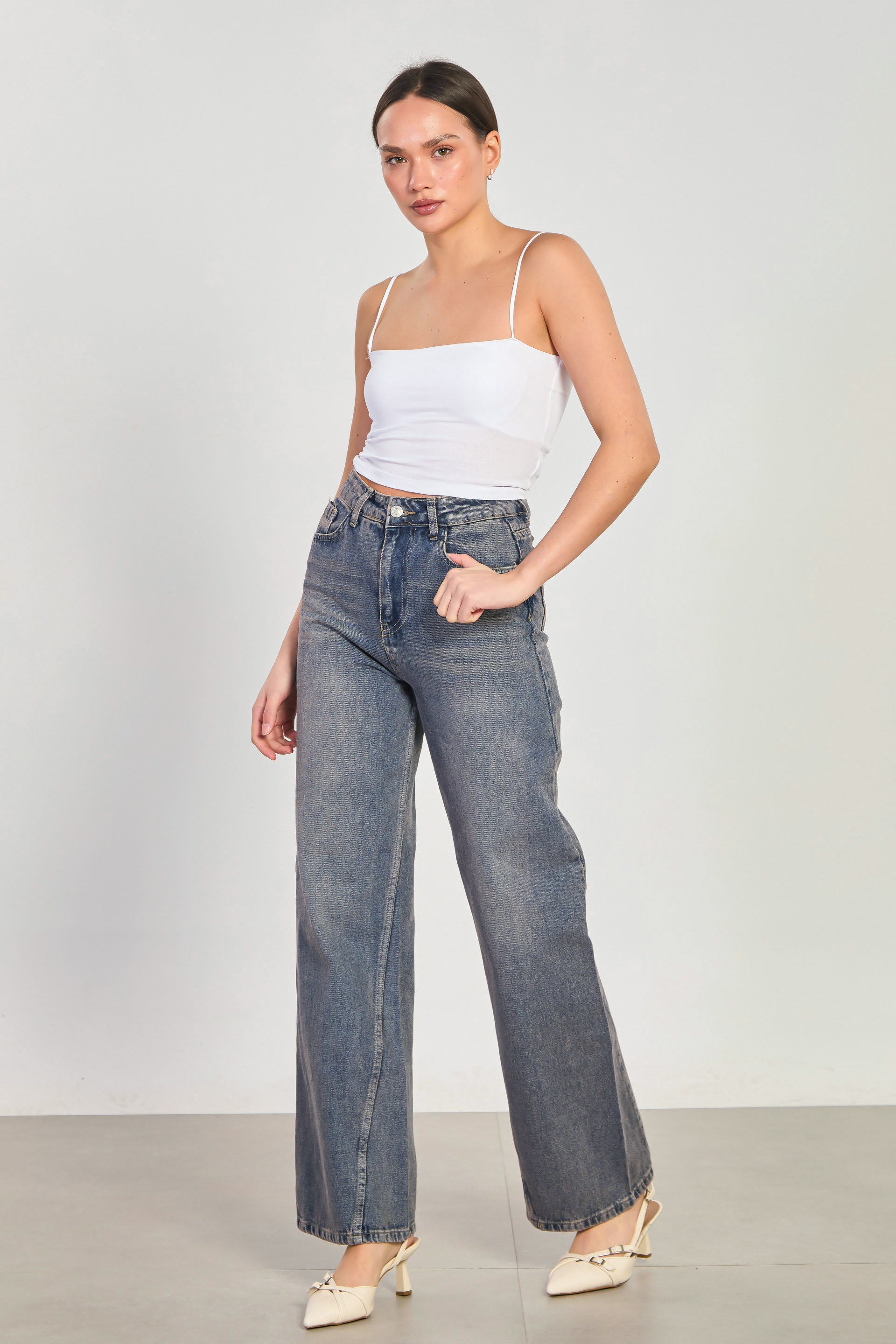 Kadın Çapraz Dikişli Palazzo Jean Pantolon - Kahve Tint