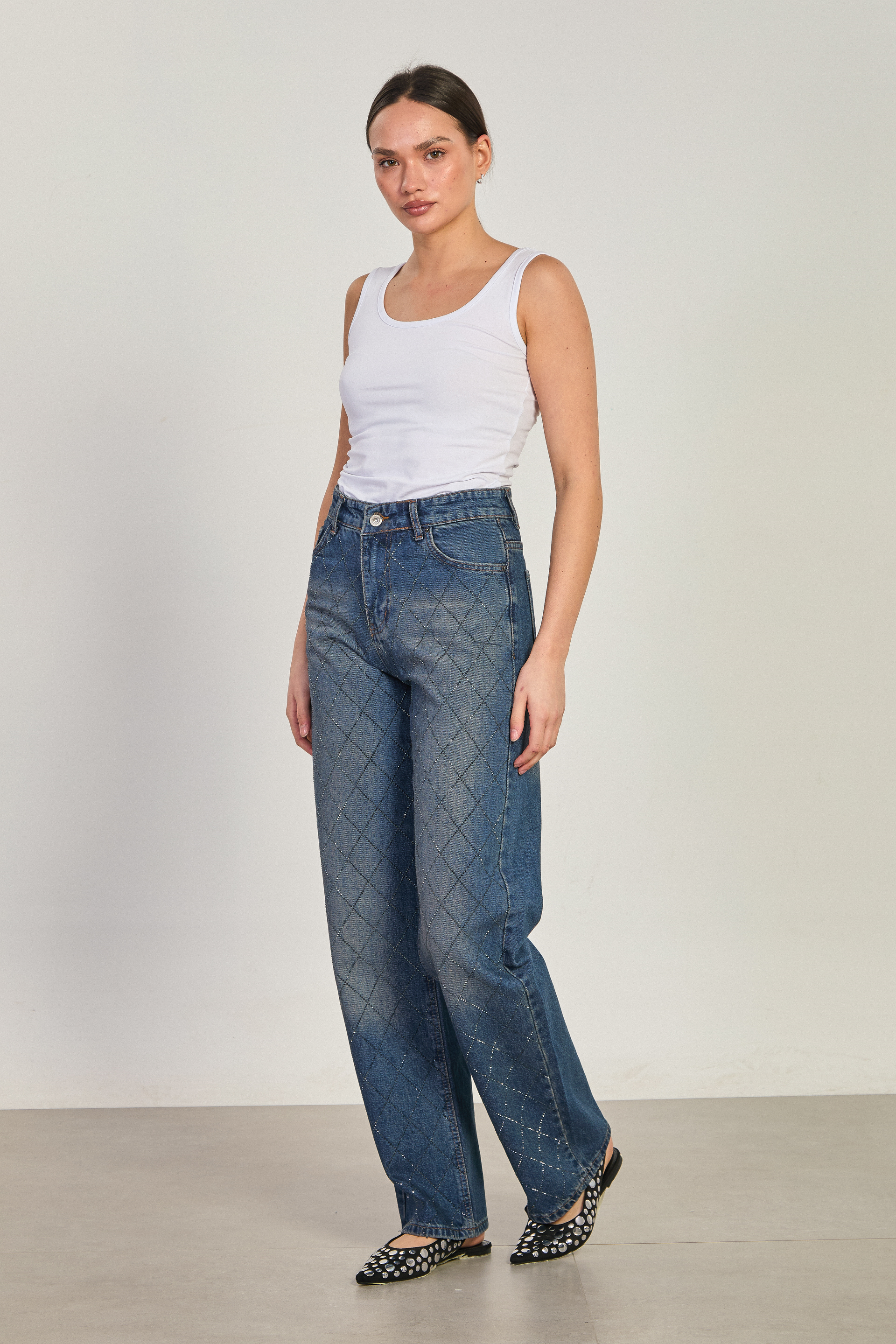 Kadın J63 Baklava Taş Baskılı Palazzo Jean Pantolon - Kahve Tint