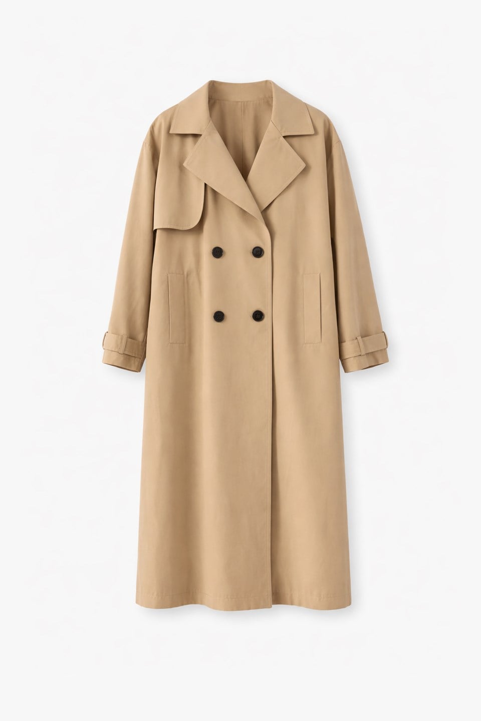 Kadın Beli Kuşaklı Dört Düğmeli Uzun Trençkot - Bej