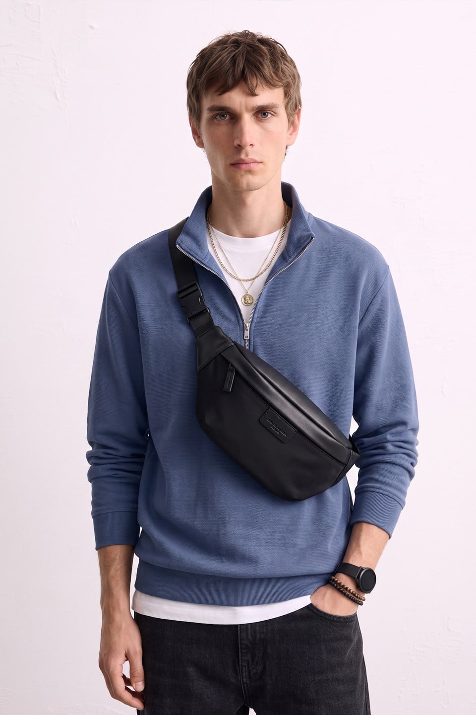 Erkek Yarım Fermuarlı Dik Yaka Sweatshirt - Mavi