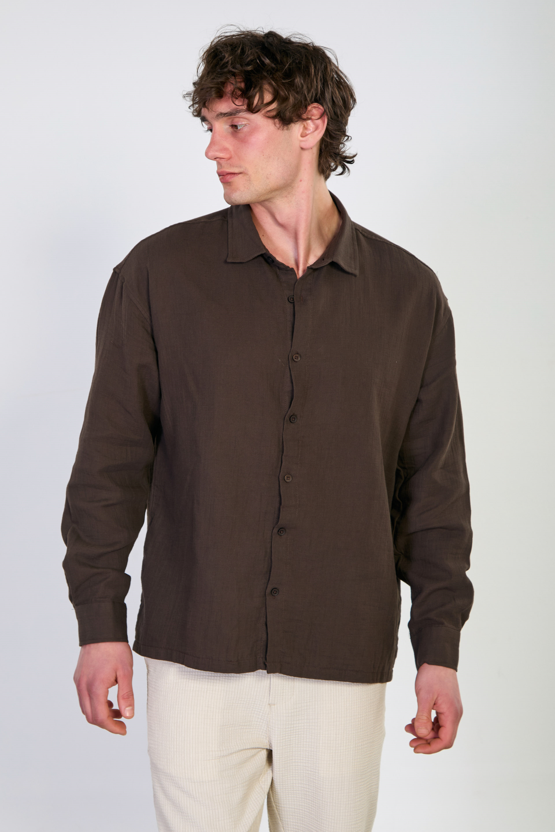Erkek Uzun Kollu Müslin Gömlek - Kahve