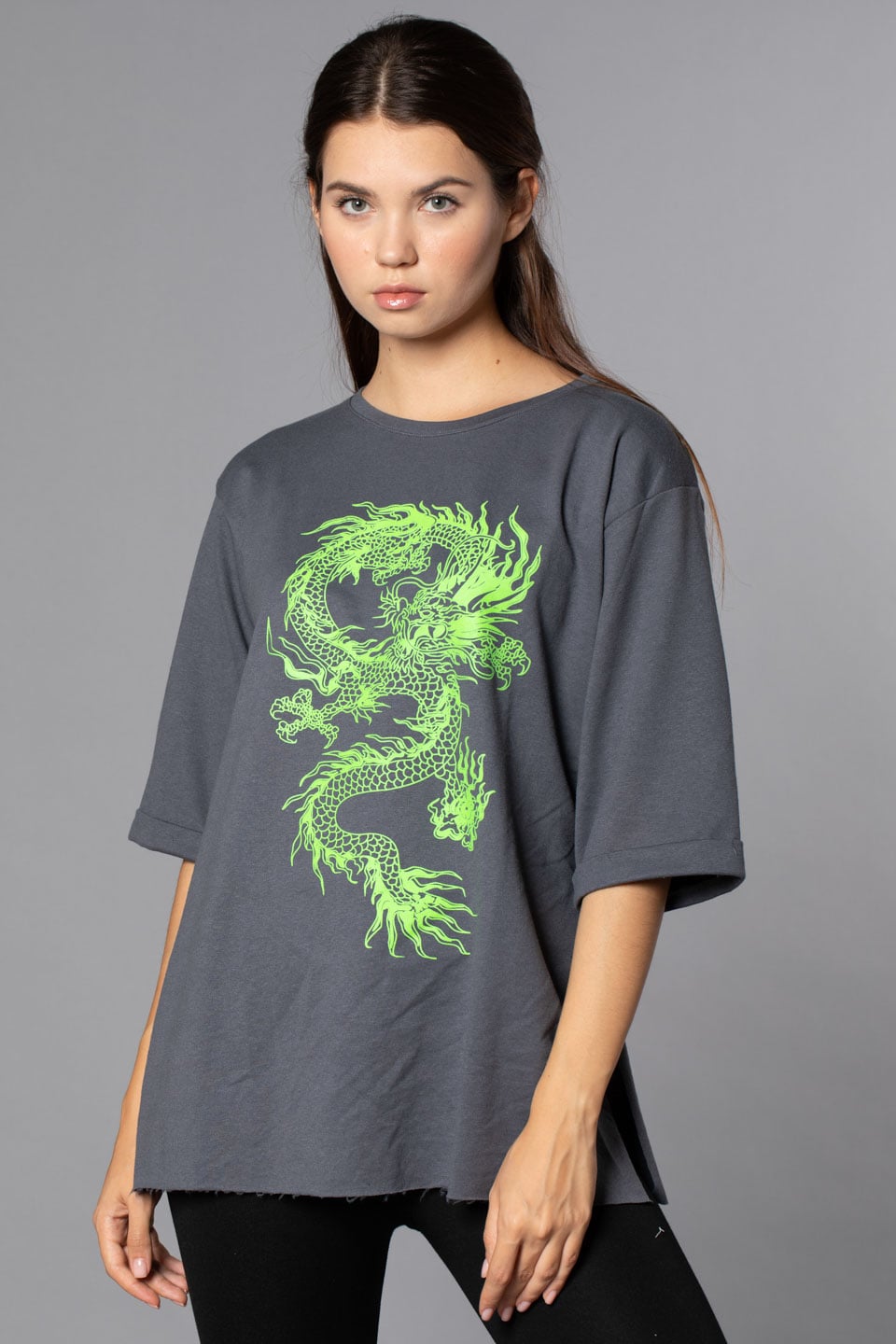 Ejderha Baskılı Double Kol T-Shirt-Füme