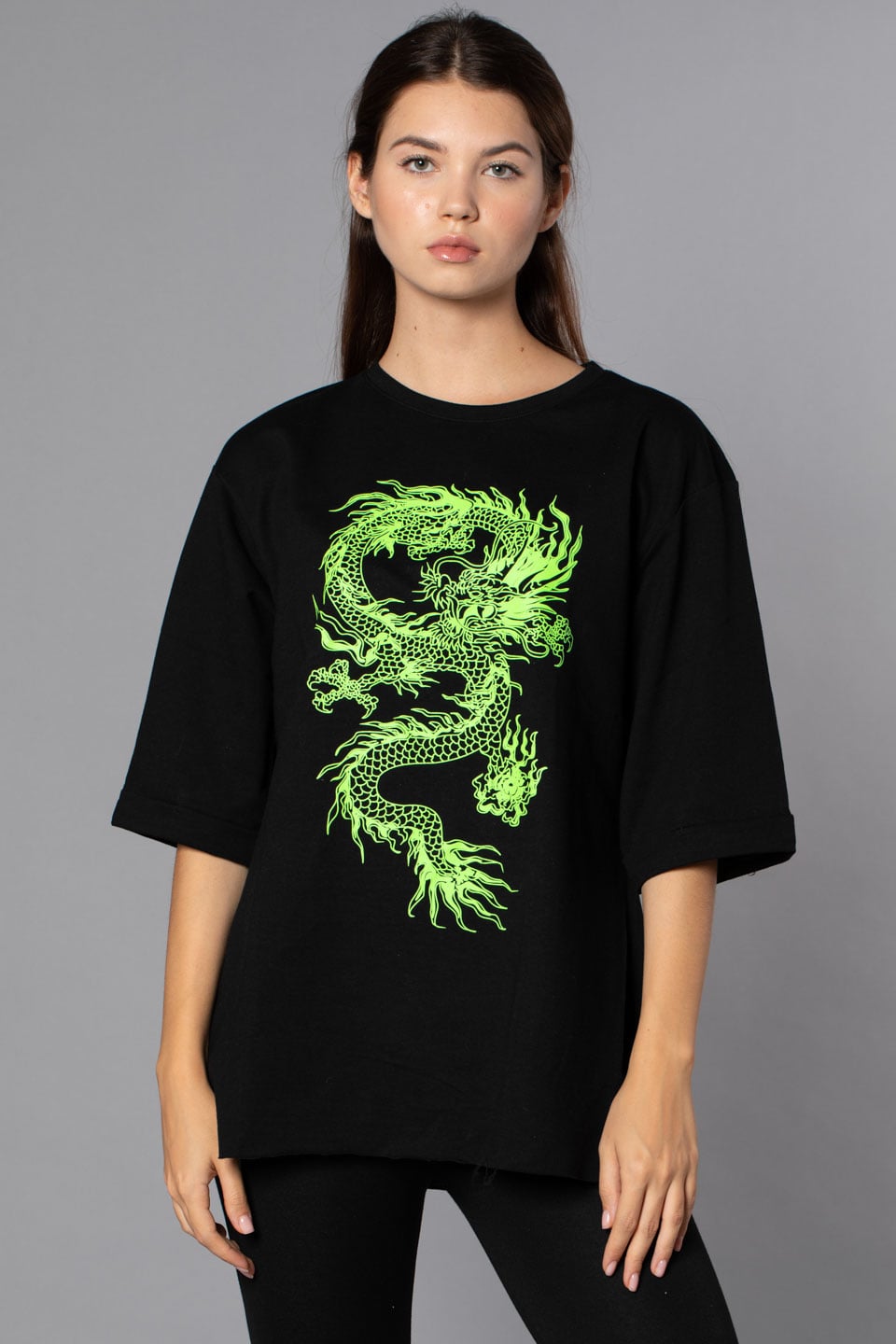 Ejderha Baskılı Double Kol T-Shirt-Siyah