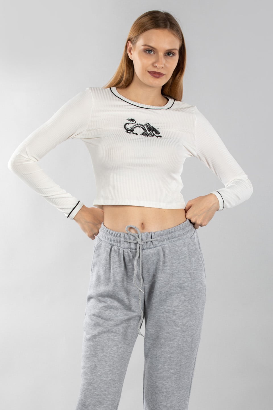Ejderha nakışlı body-7354 Ekru