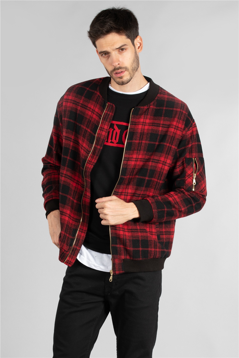 Ekose bomber ceket-34-3745 Kırmızı
