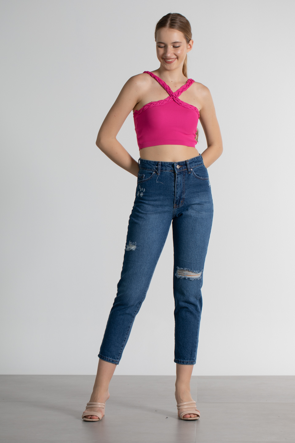 EMILY-Dizi yırtık mom jean pantolon-13015 Mavi