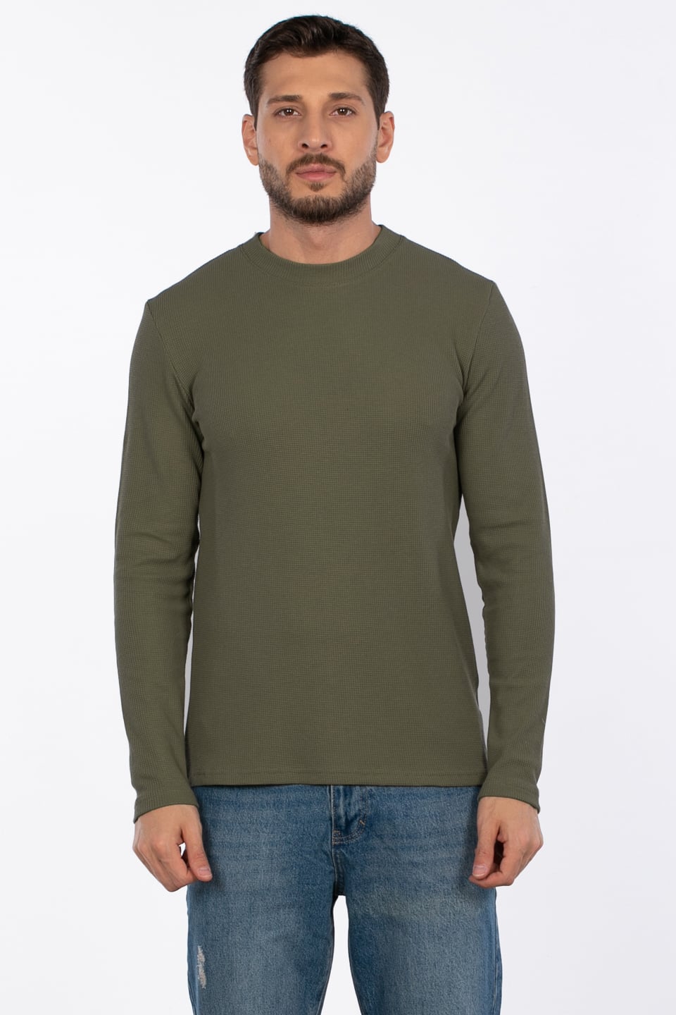 Erkek Bisiklet Yaka Waffle Sweatshirt - Haki