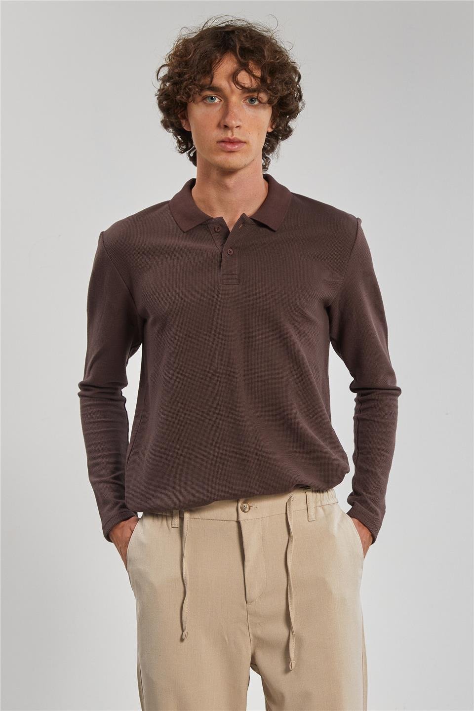 Erkek Polo Yaka Waffle Sweat - Acı Kahve